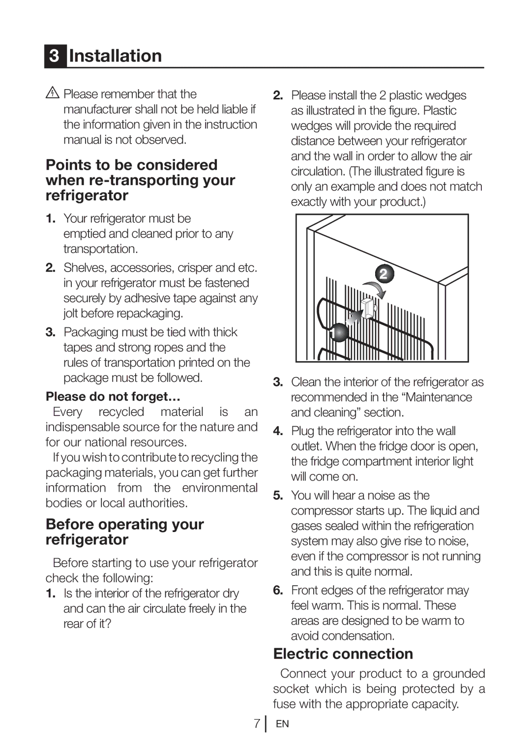 Beko ULC532W, UL483APW manual Installation, Before operating your refrigerator, Electric connection, Please do not forget… 