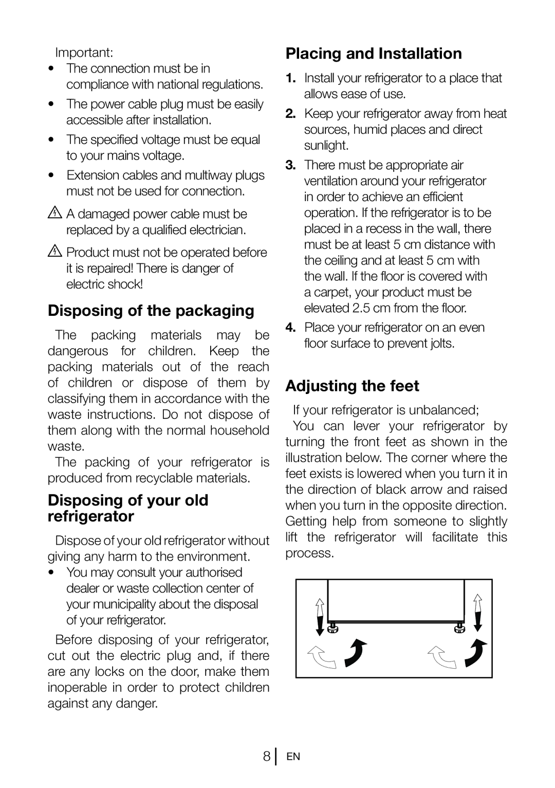 Beko UL483APW Disposing of the packaging, Disposing of your old refrigerator, Placing and Installation, Adjusting the feet 