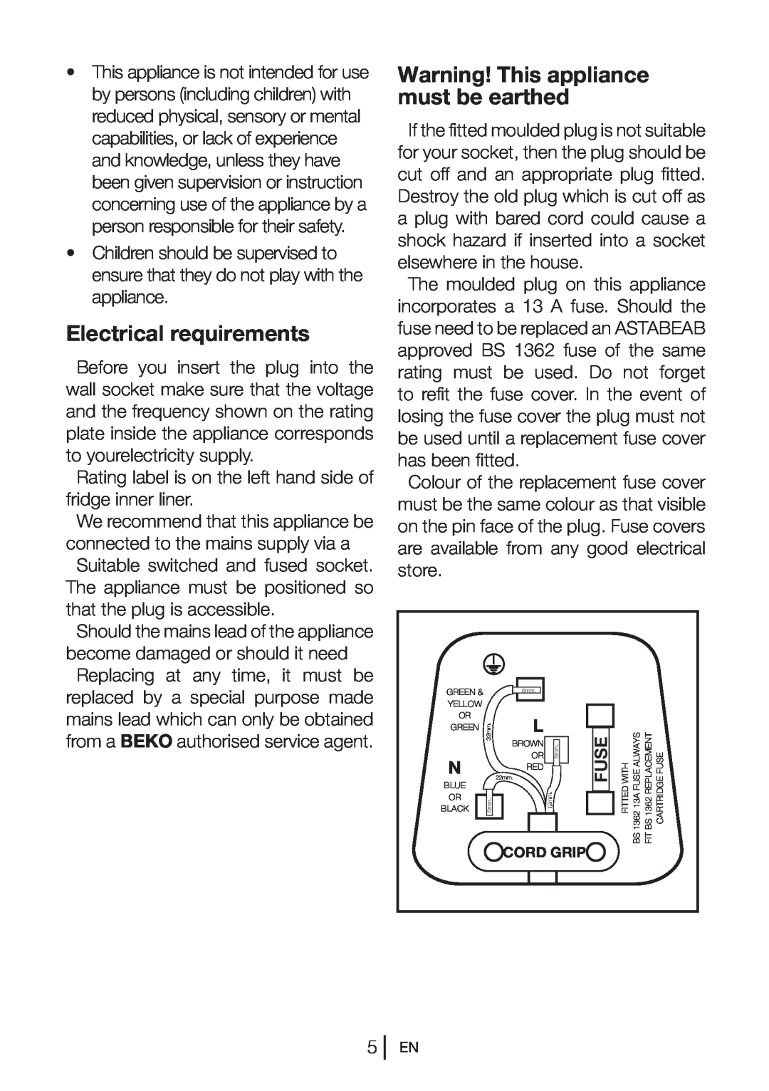 Beko ULC532W, UL483APW manual Electrical requirements, Warning! This appliance must be earthed, Fuse 