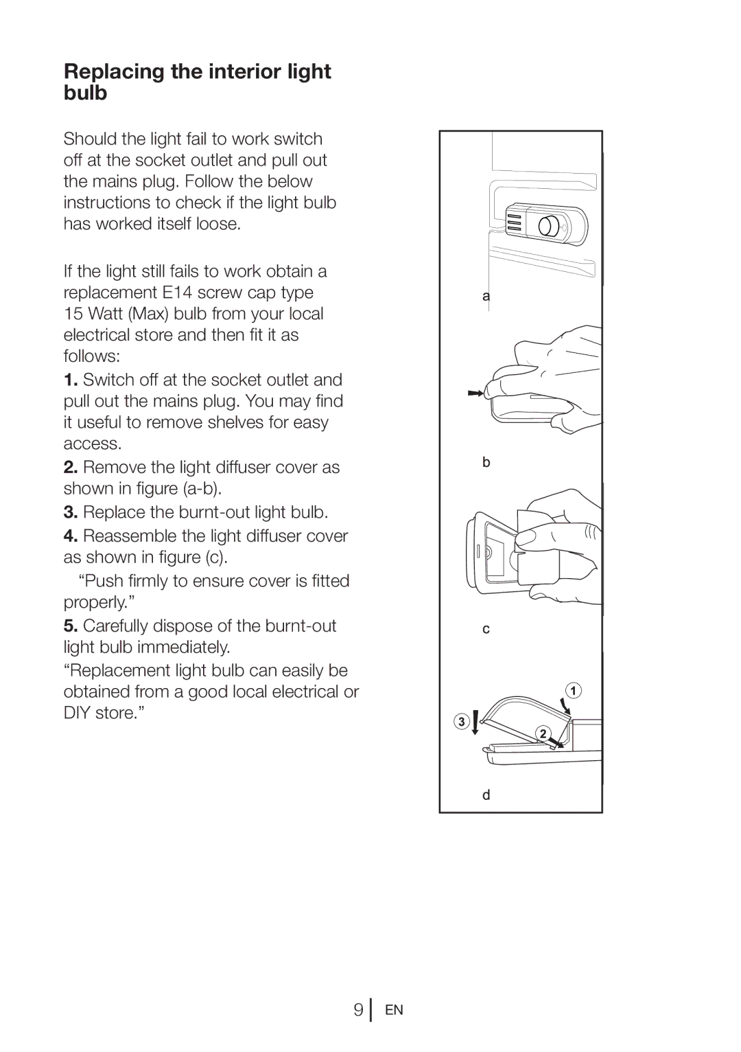 Beko UR483APW manual Replacing the interior light bulb 