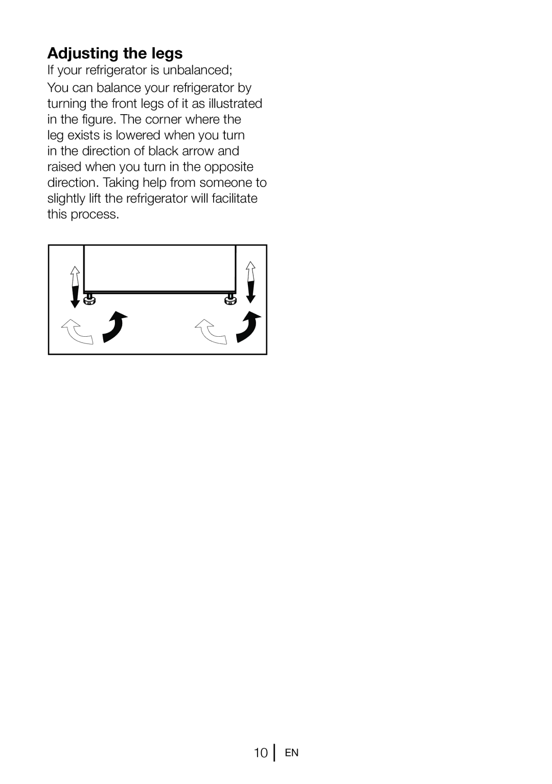 Beko UR483APW manual Adjusting the legs 