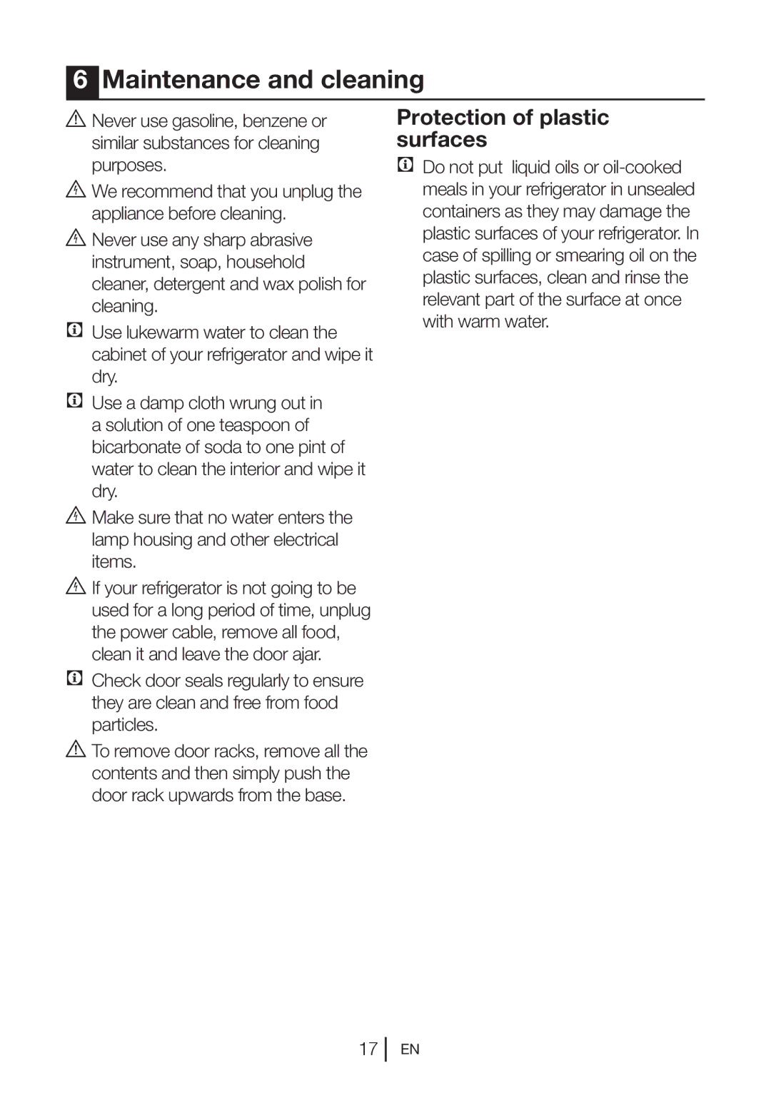 Beko UR483APW manual Maintenance and cleaning, Protection of plastic surfaces 