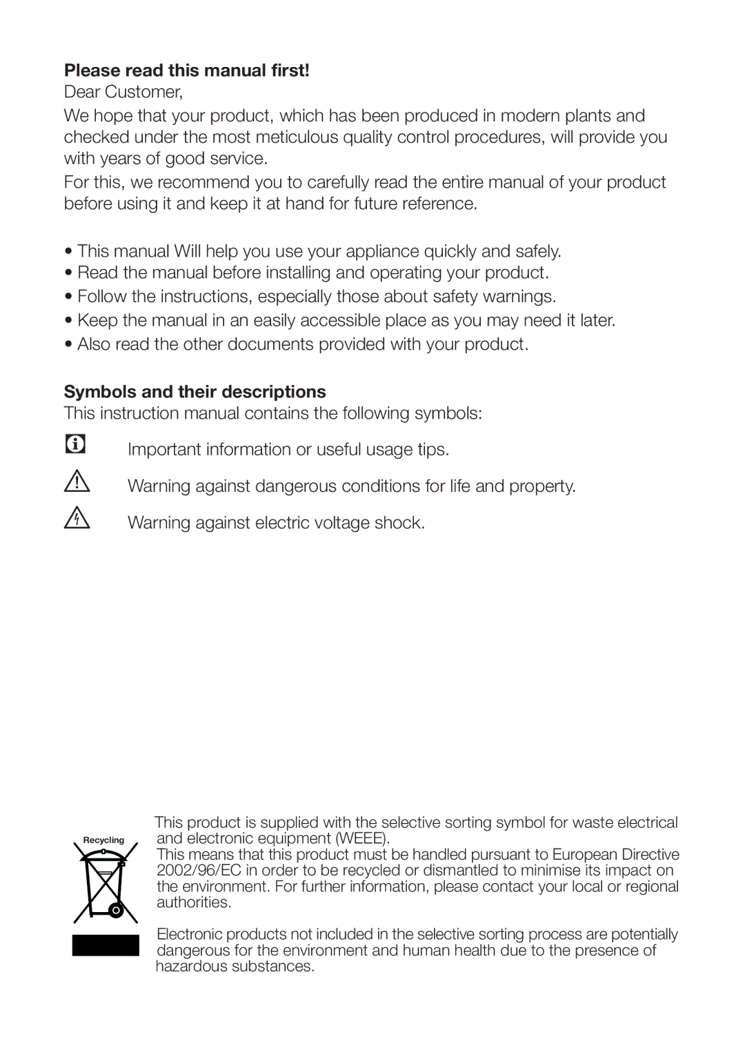 Beko UR483APW Please read this manual first, Symbols and their descriptions 