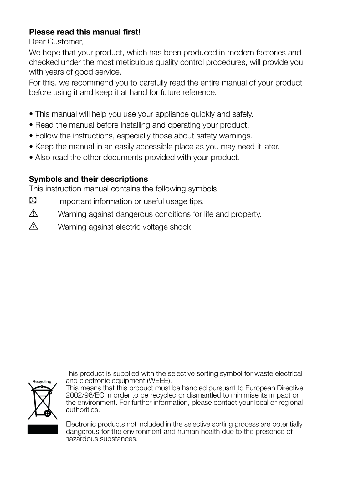 Beko UR584APS, UR584APW Please read this manual first, Symbols and their descriptions 