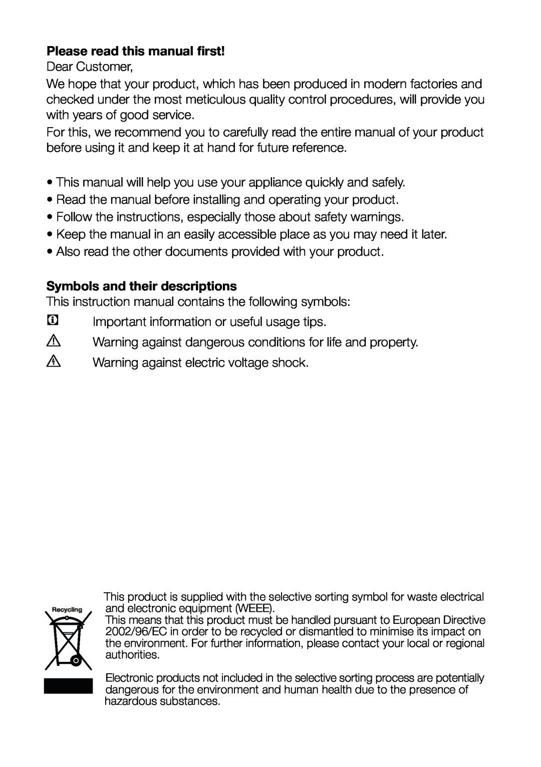 Beko UR584APS, UR584APW Please read this manual first, Symbols and their descriptions 