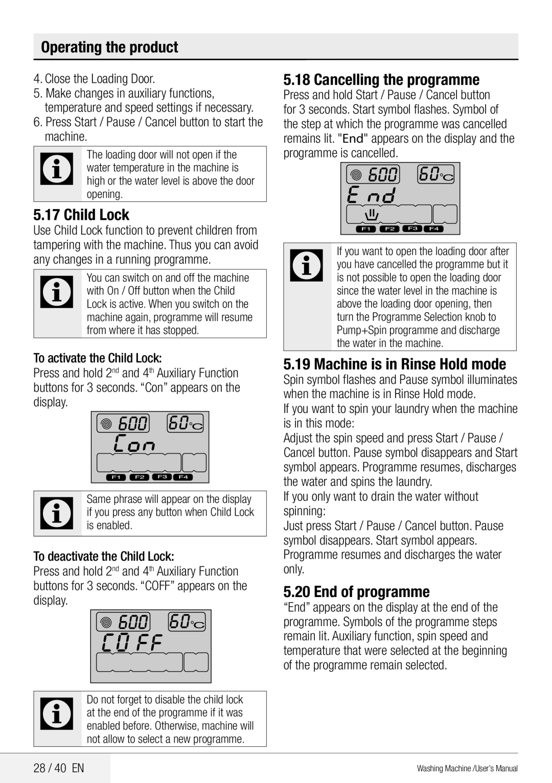 Beko User's Manual WM 95135 LB WM 95145 LW user manual Child Lock, Cancelling the programme, Machine is in Rinse Hold mode 