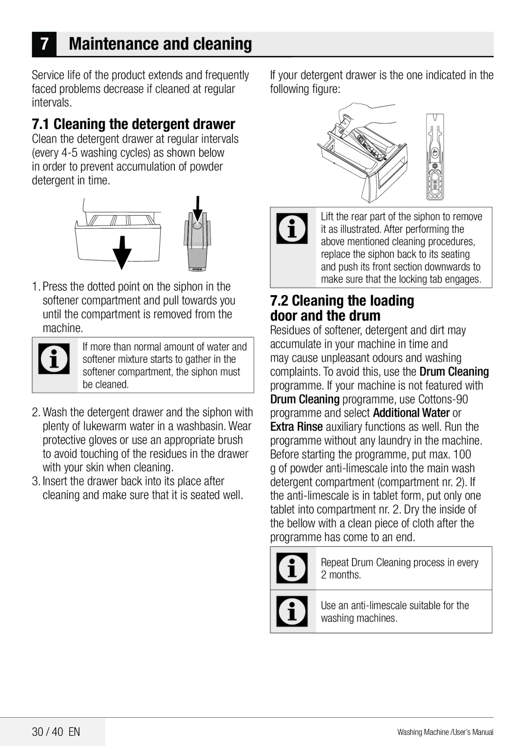 Beko User's Manual WM 95135 LB WM 95145 LW Cleaning the detergent drawer, Cleaning the loading door and the drum, Months 