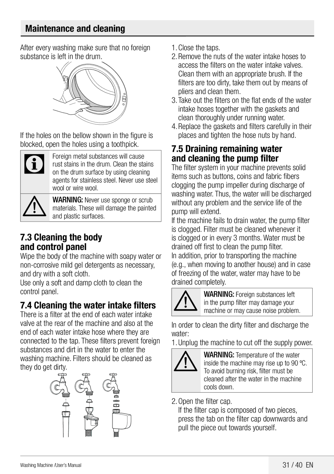 Beko User's Manual WM 95135 LB WM 95145 LW user manual Maintenance and cleaning, Cleaning the water intake filters 