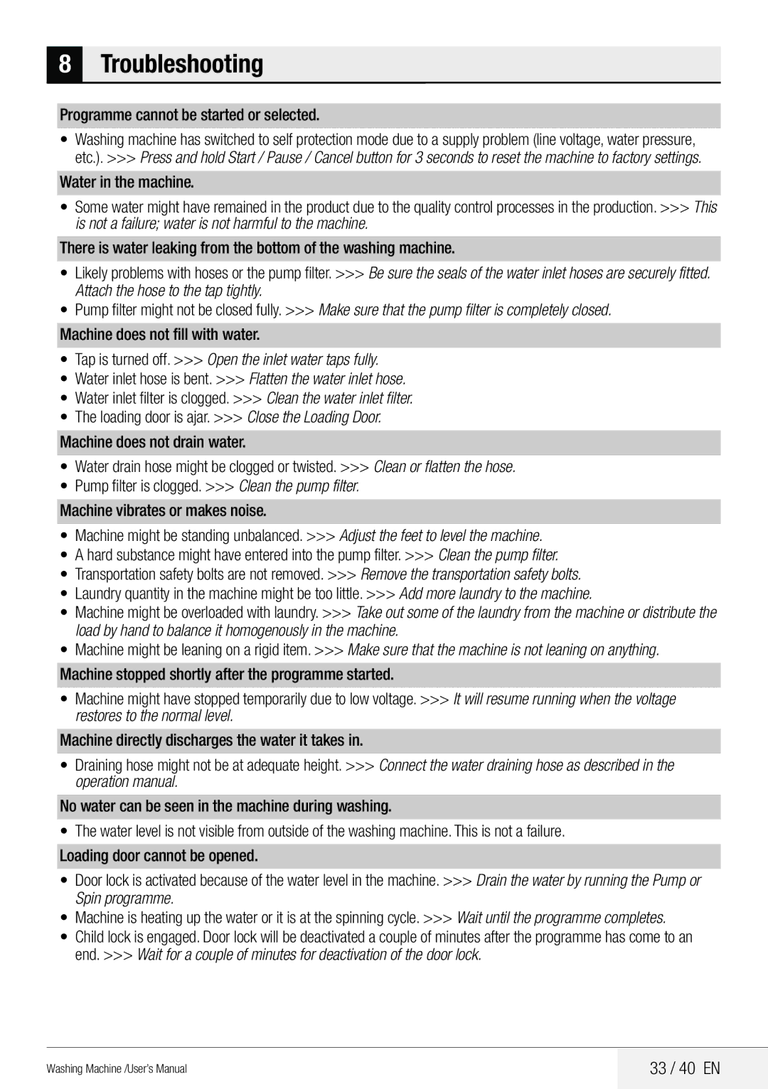 Beko User's Manual WM 95135 LB WM 95145 LW user manual Troubleshooting, 33 / 40 EN, Programme cannot be started or selected 