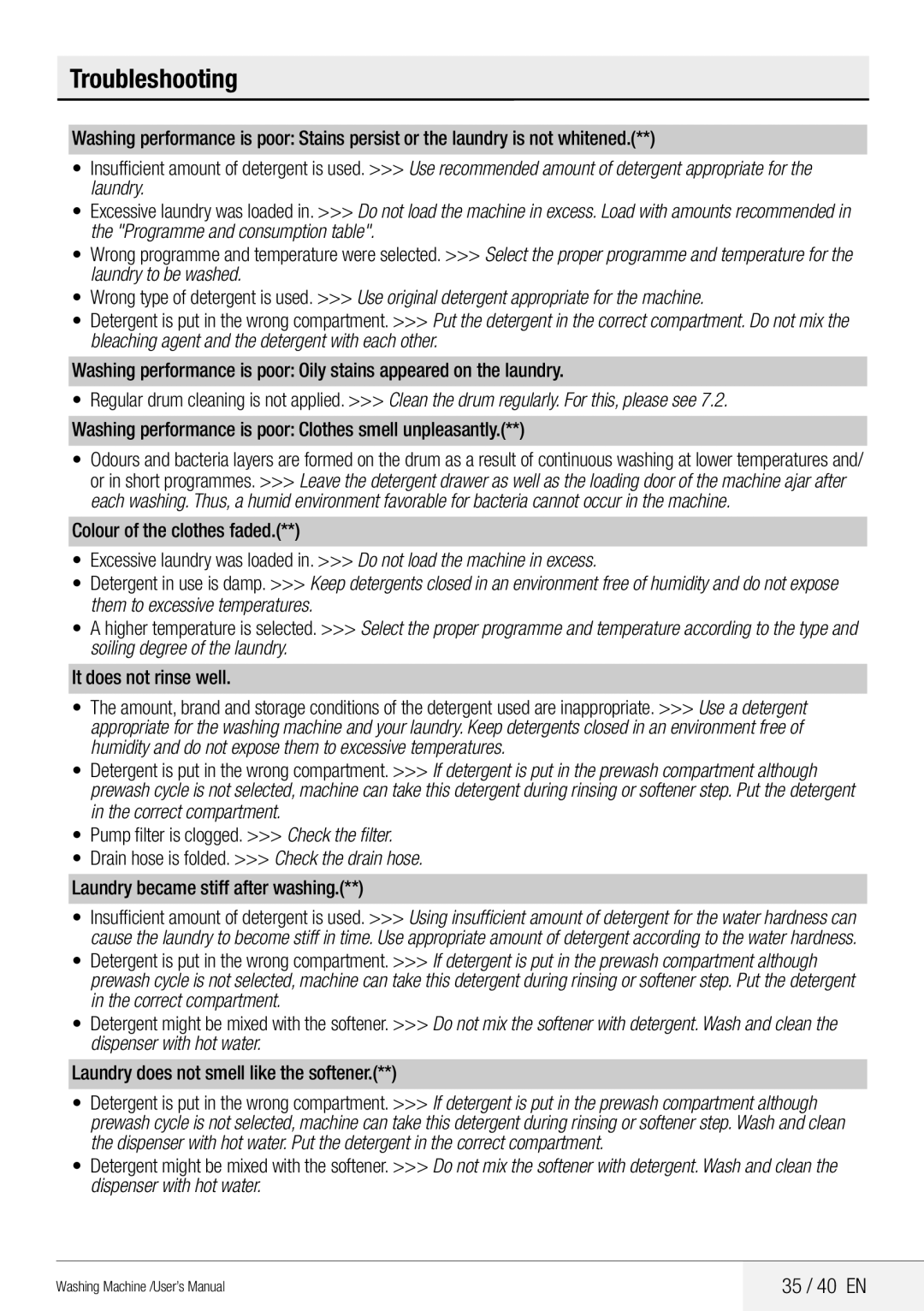 Beko User's Manual WM 95135 LB WM 95145 LW user manual 35 / 40 EN, It does not rinse well 