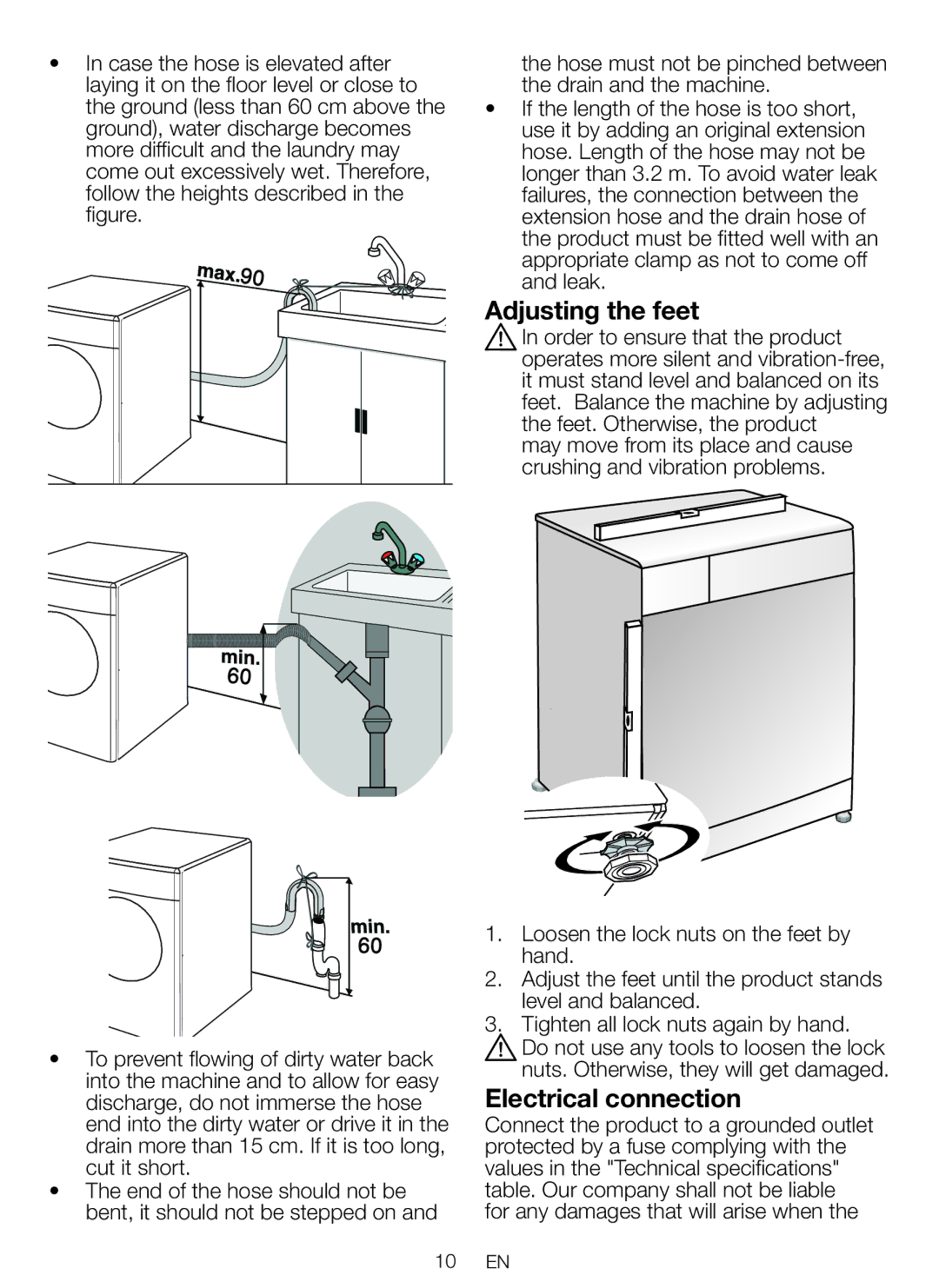 Beko WBM 751441 LA user manual Adjusting the feet, Electrical connection 