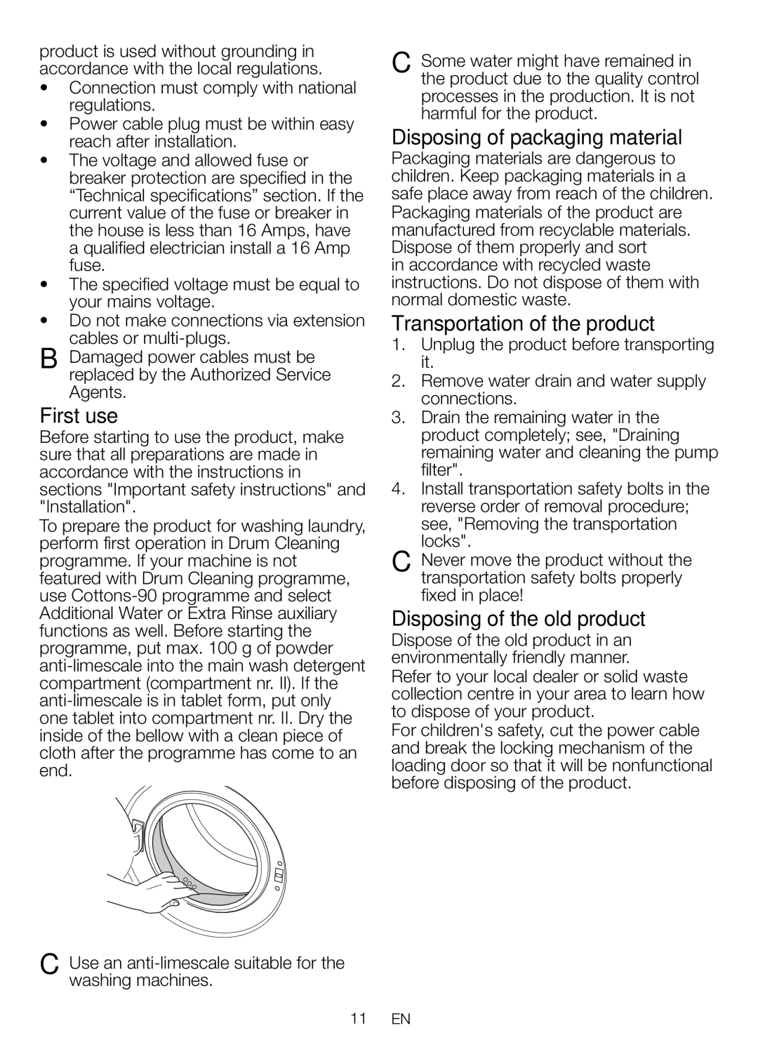 Beko WBM 751441 LA First use, Disposing of packaging material, Transportation of the product, Disposing of the old product 