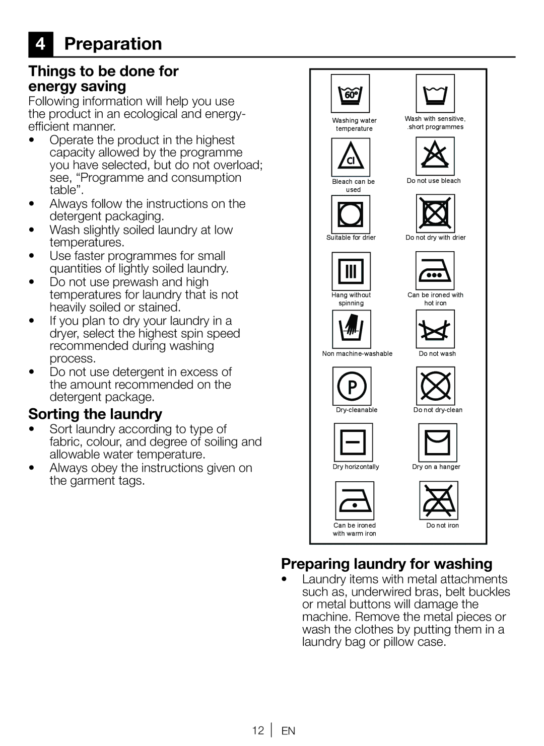 Beko WBM 751441 LA Preparation, Things to be done for energy saving, Sorting the laundry, Preparing laundry for washing 