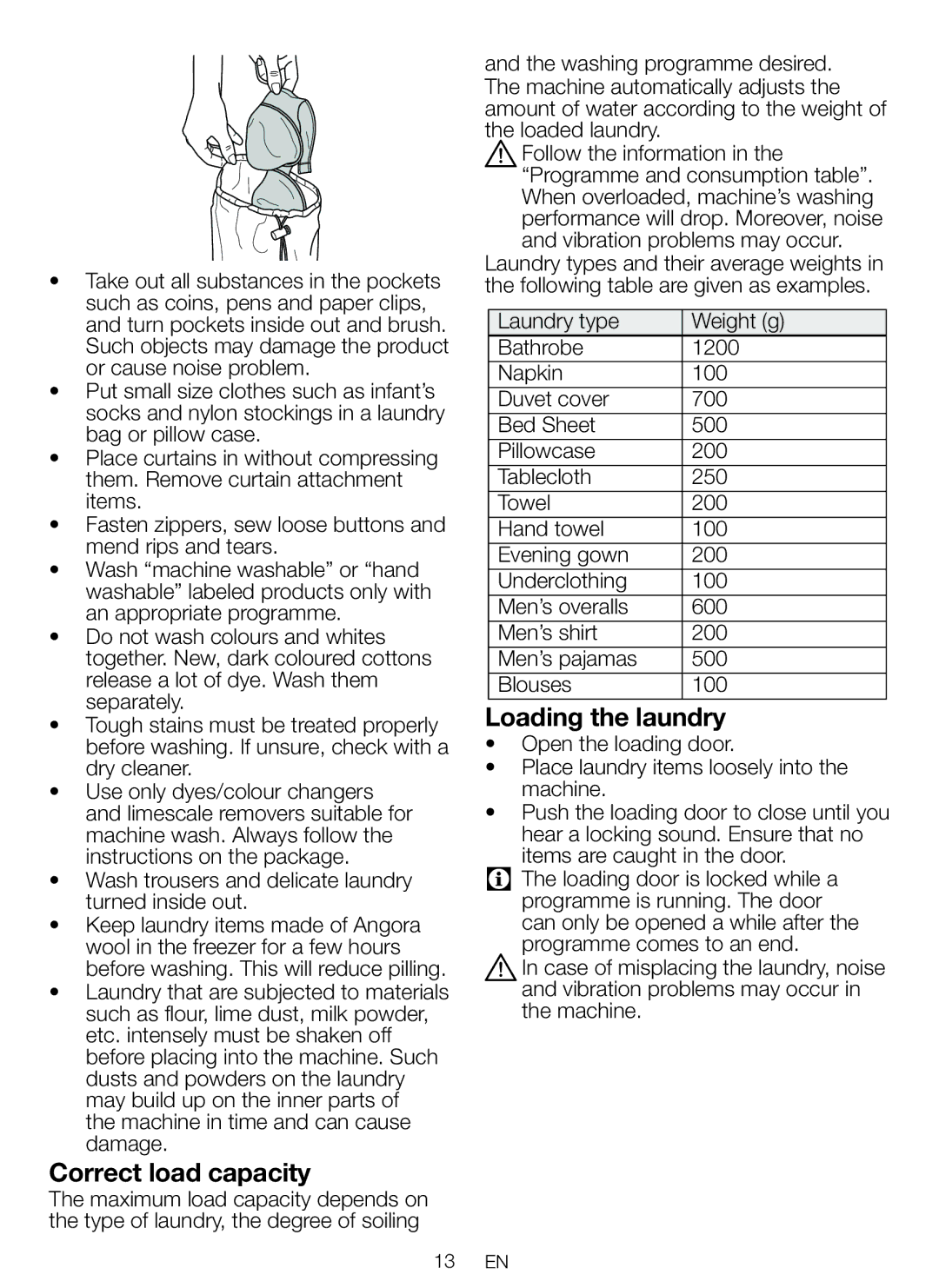 Beko WBM 751441 LA user manual Correct load capacity, Loading the laundry 