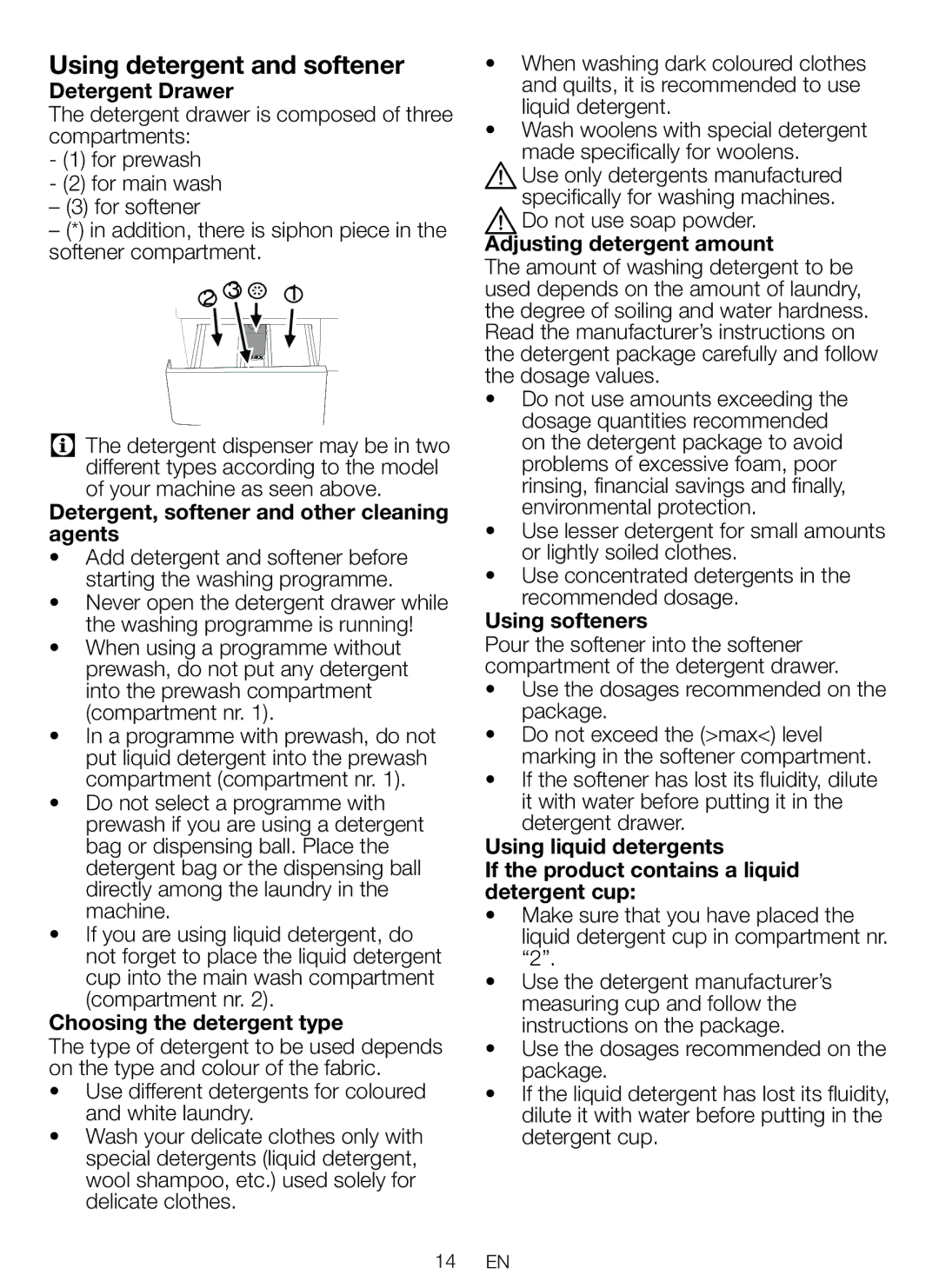 Beko WBM 751441 LA user manual Using detergent and softener 