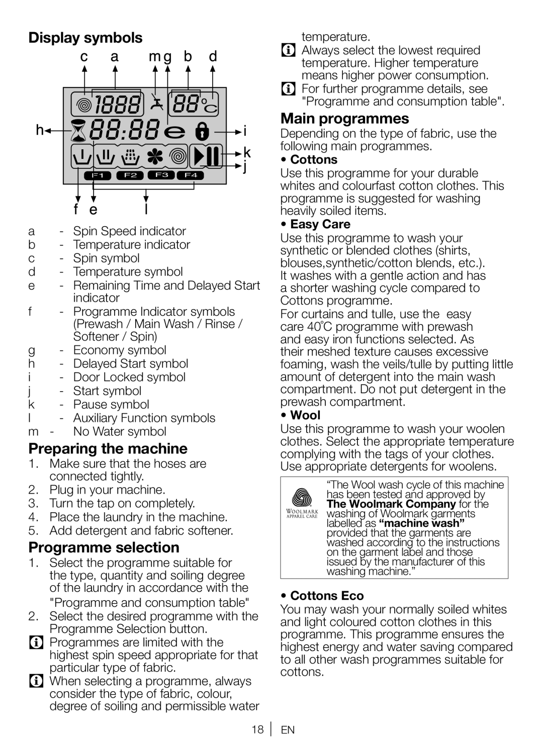 Beko WBM 751441 LA user manual Display symbols, Preparing the machine, Programme selection, Main programmes 