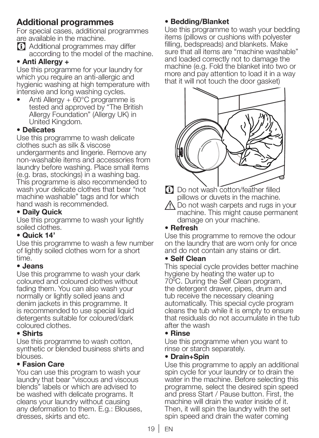 Beko WBM 751441 LA user manual Additional programmes 