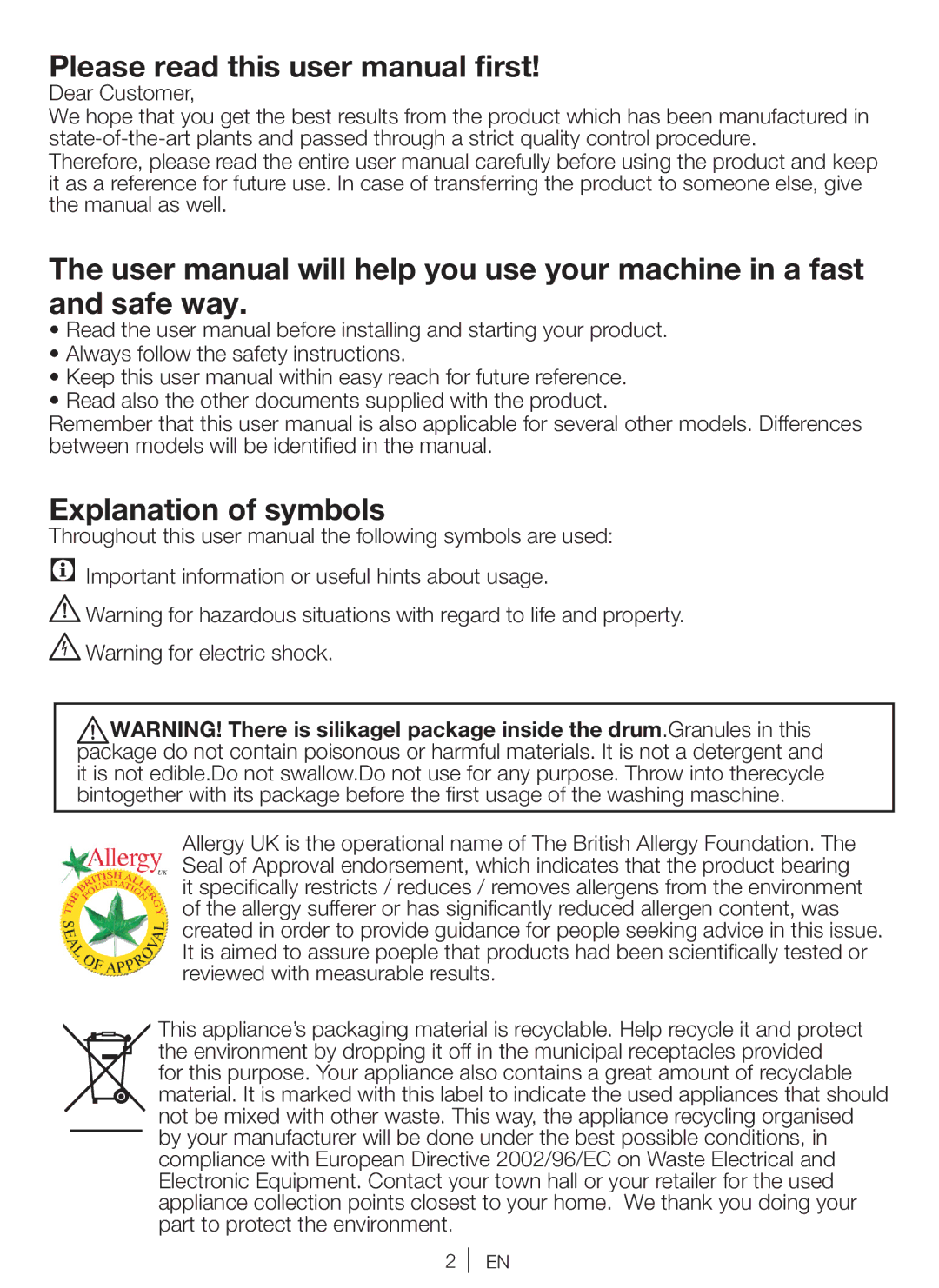 Beko WBM 751441 LA user manual Explanation of symbols 