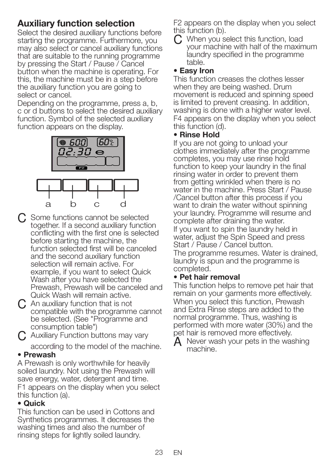 Beko WBM 751441 LA user manual Auxiliary function selection 