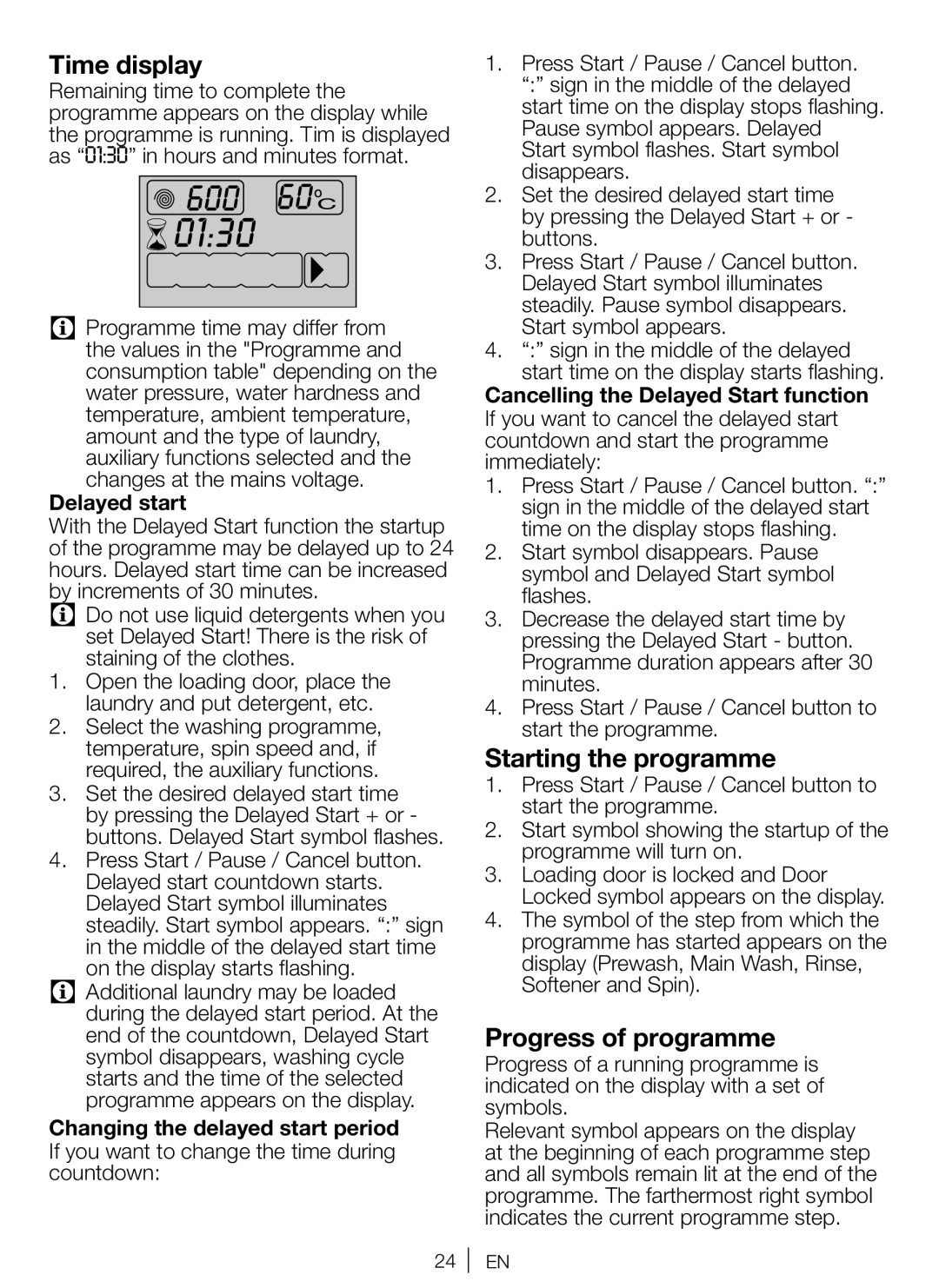 Beko WBM 751441 LA user manual Time display, Starting the programme, Progress of programme, Delayed start 