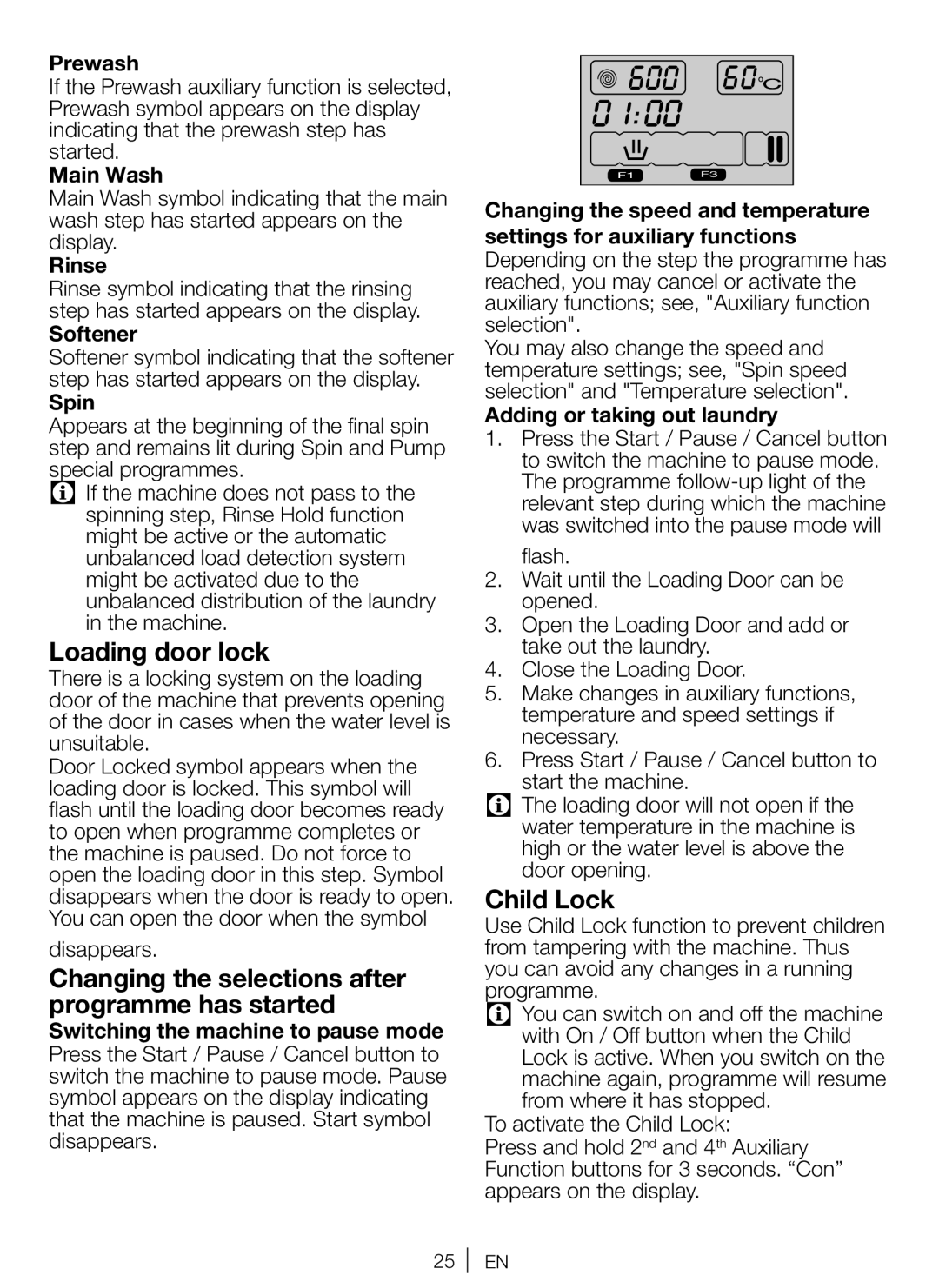 Beko WBM 751441 LA user manual Loading door lock, Changing the selections after programme has started, Child Lock 