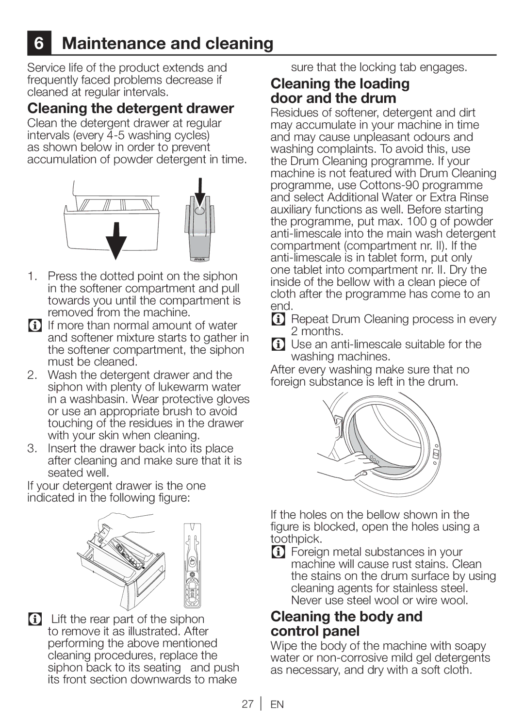 Beko WBM 751441 LA Maintenance and cleaning, Cleaning the detergent drawer, Cleaning the loading door and the drum 