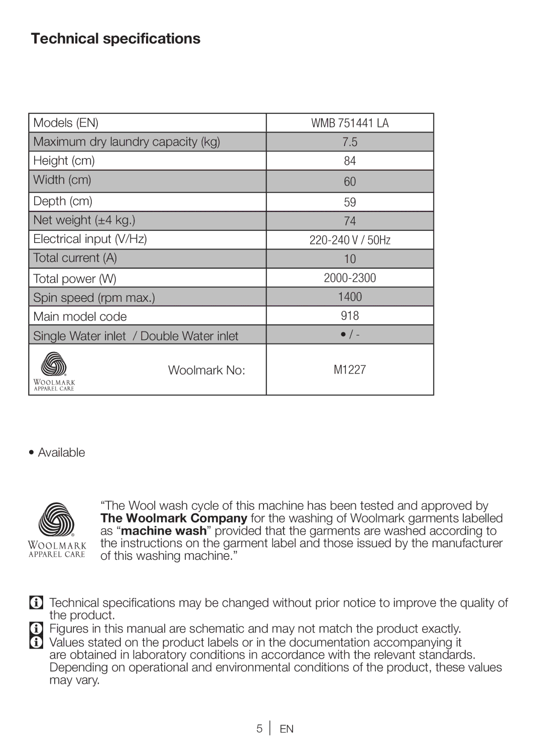 Beko WBM 751441 LA user manual Technical specifications 