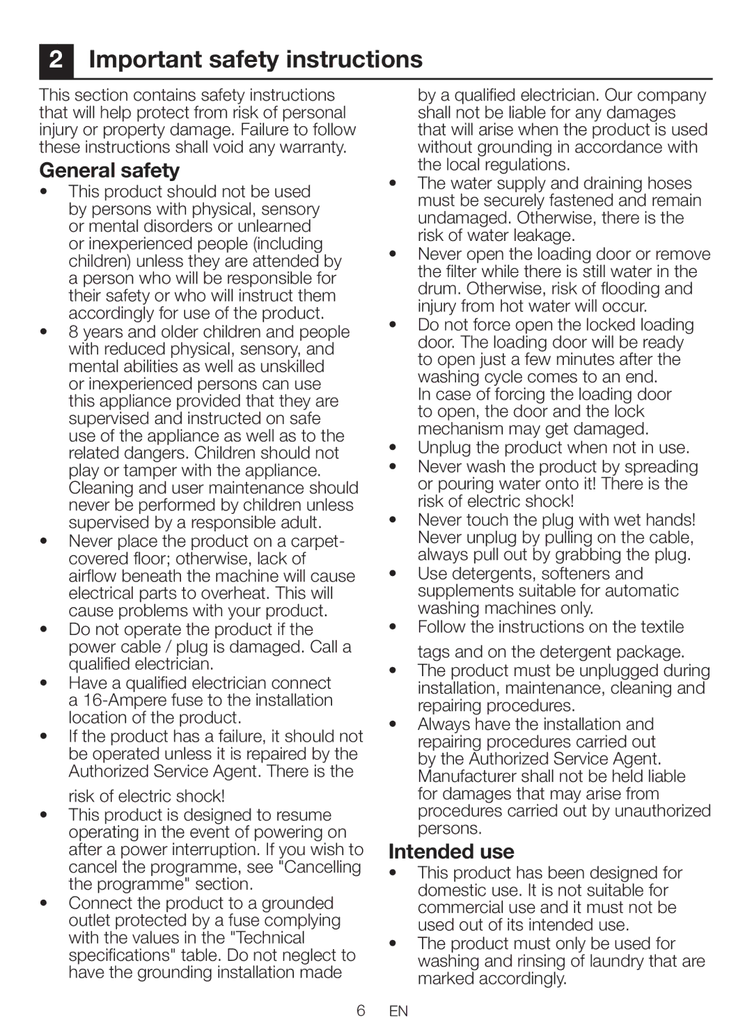 Beko WBM 751441 LA user manual Important safety instructions, General safety, Intended use 