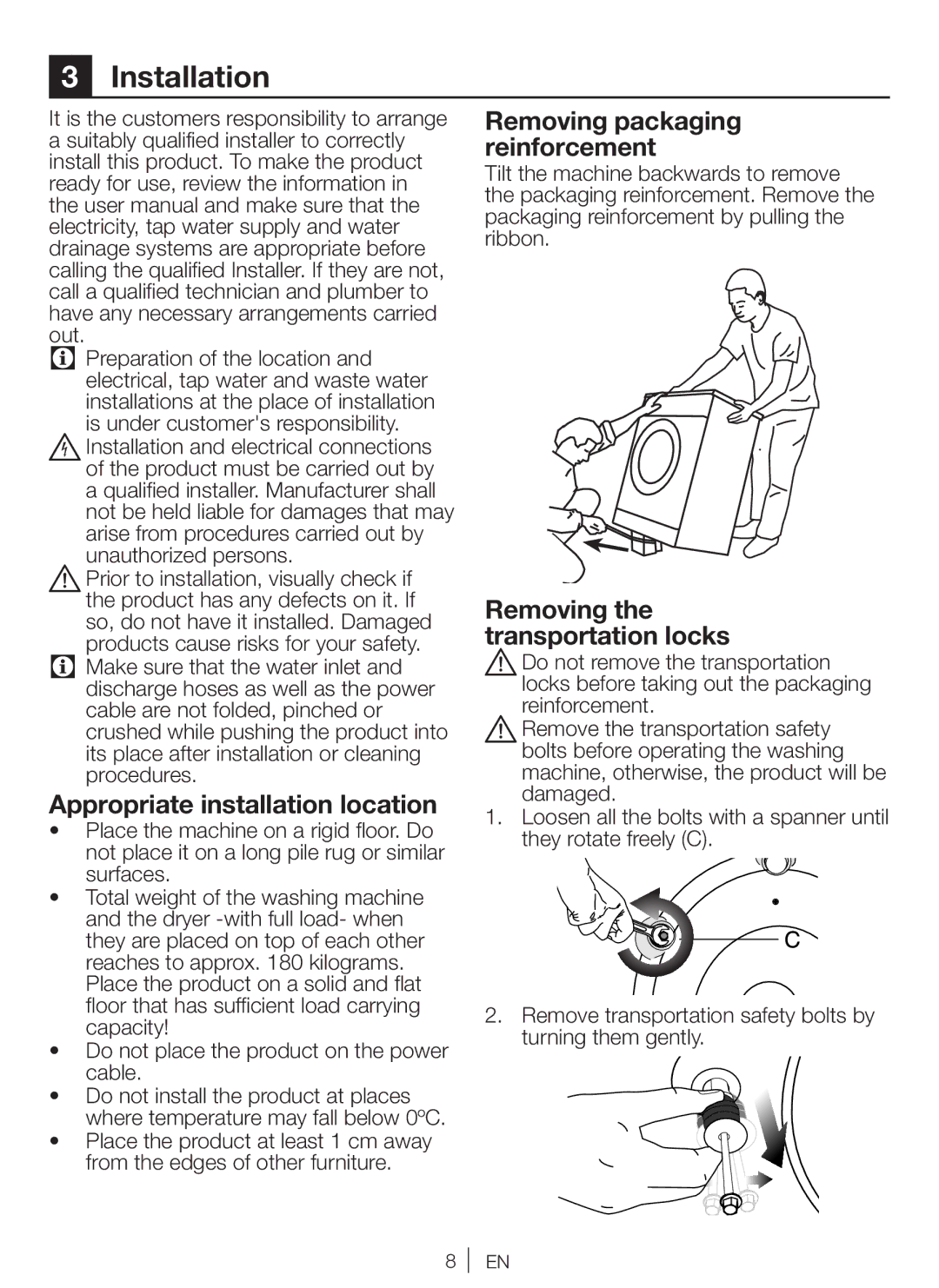 Beko WBM 751441 LA user manual Installation, Appropriate installation location, Removing packaging reinforcement 