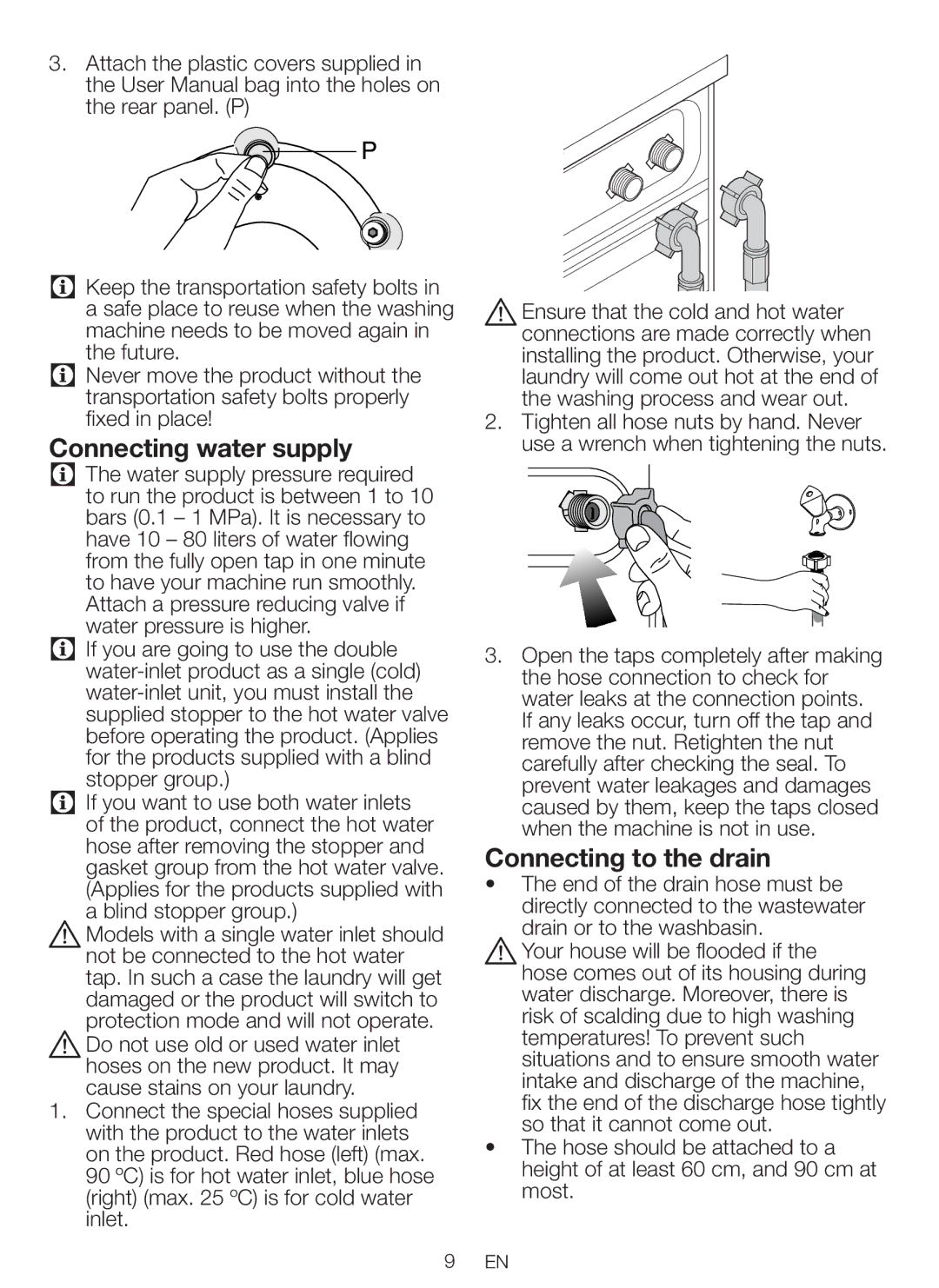 Beko WBM 751441 LA user manual Connecting water supply, Connecting to the drain 