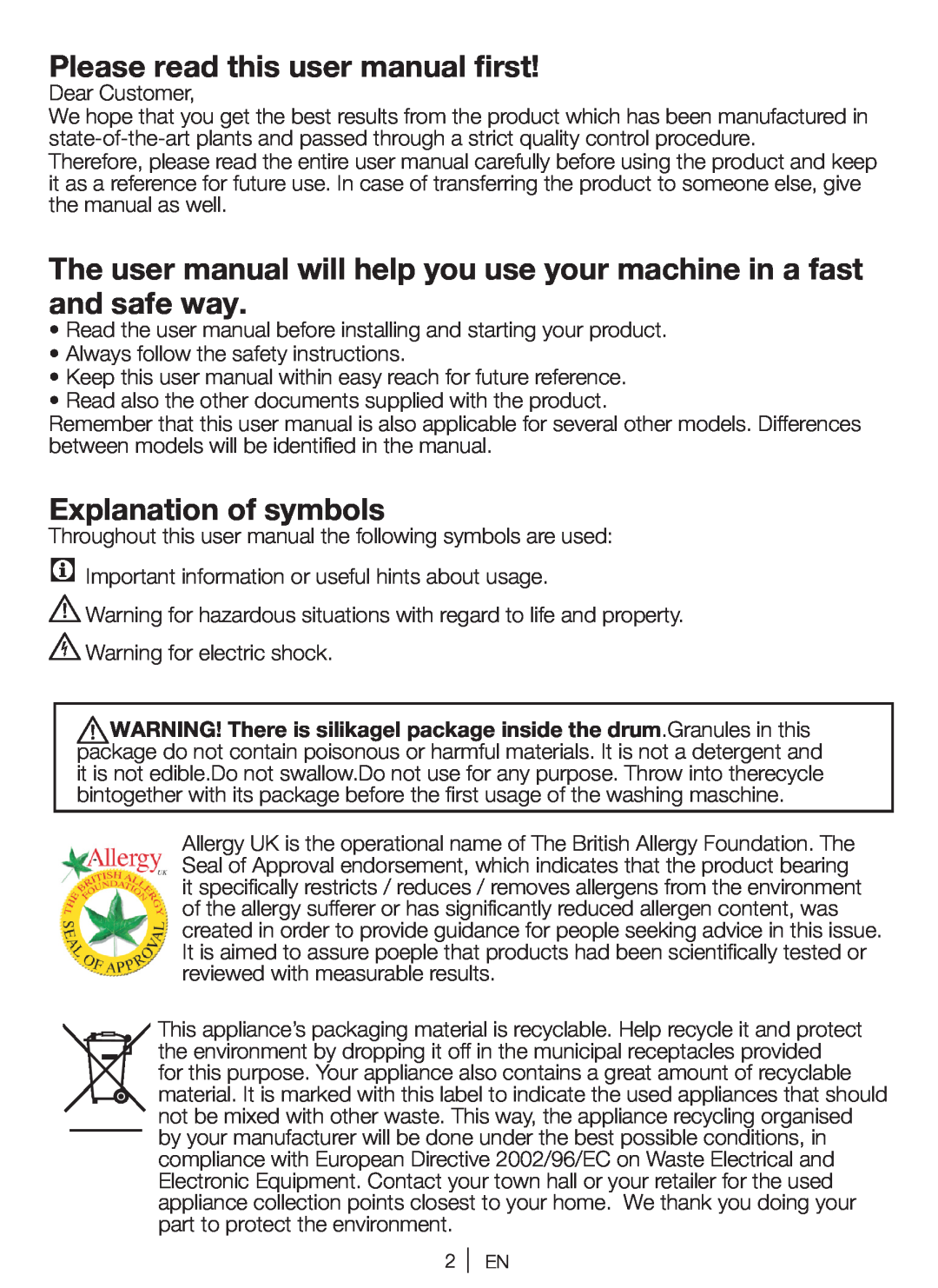 Beko WBM 751441 LA Please read this user manual first, Explanation of symbols 