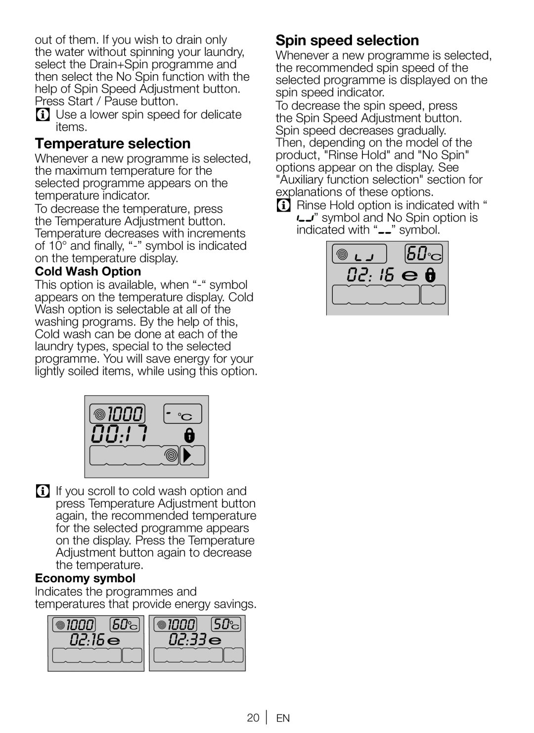 Beko WBM 751441 LA user manual Temperature selection, Spin speed selection, Cold Wash Option, Economy symbol 