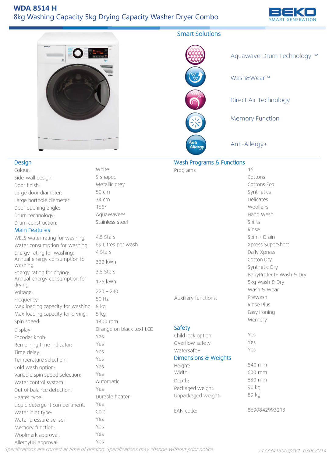 Beko WDA 8514 H dimensions Design, Main Features, Safety, Dimensions & Weights 