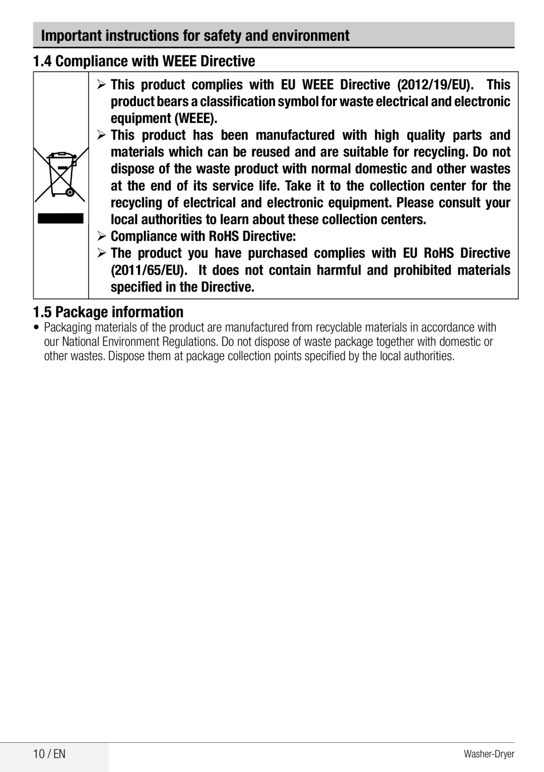 Beko WDA 8514 H user manual Package information, 10 / EN 