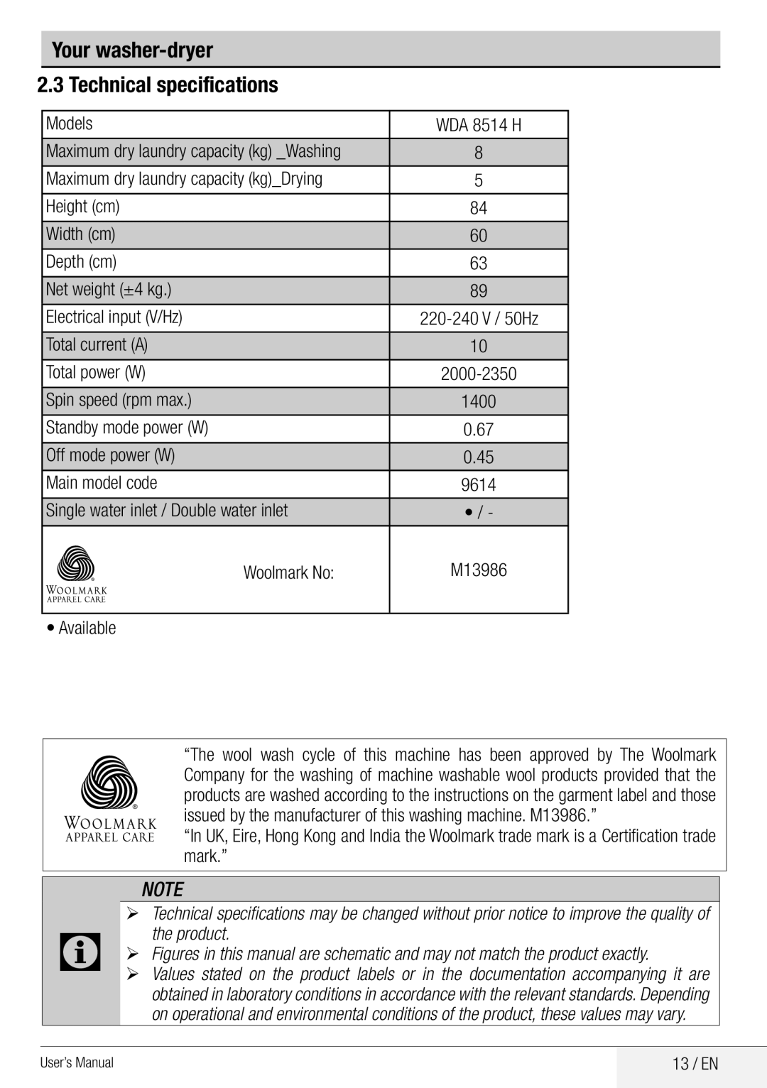 Beko WDA 8514 H user manual Your washer-dryer Technical specifications, Product 