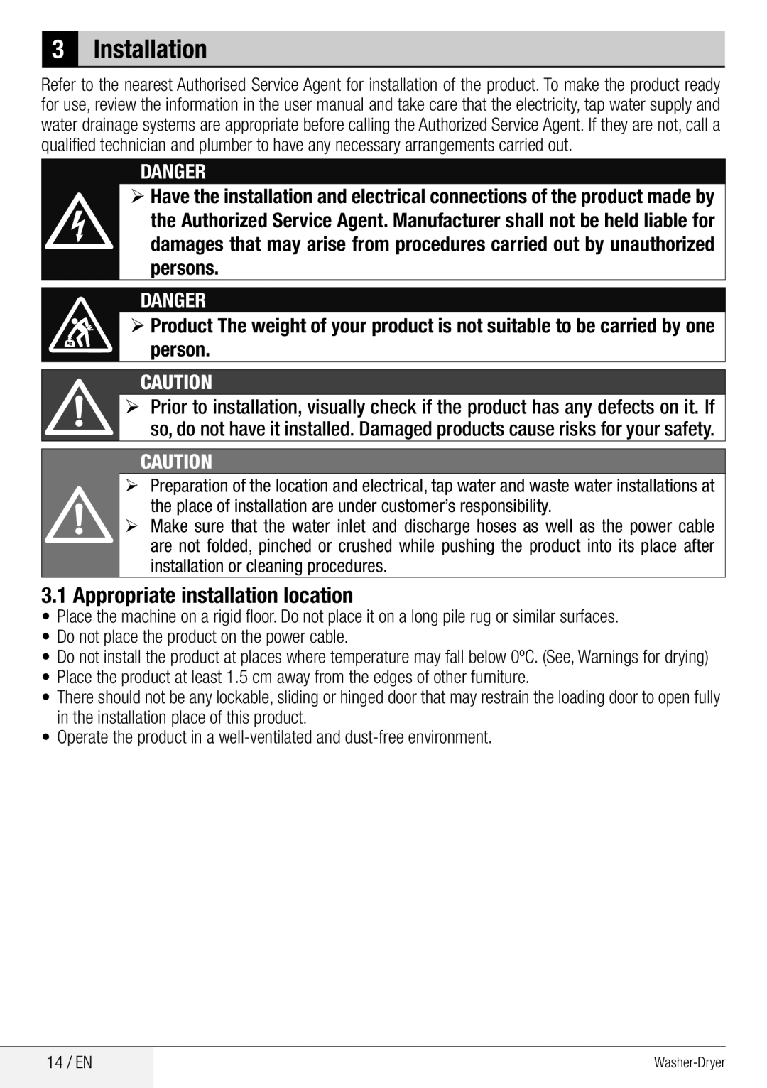 Beko WDA 8514 H user manual Installation, Appropriate installation location 