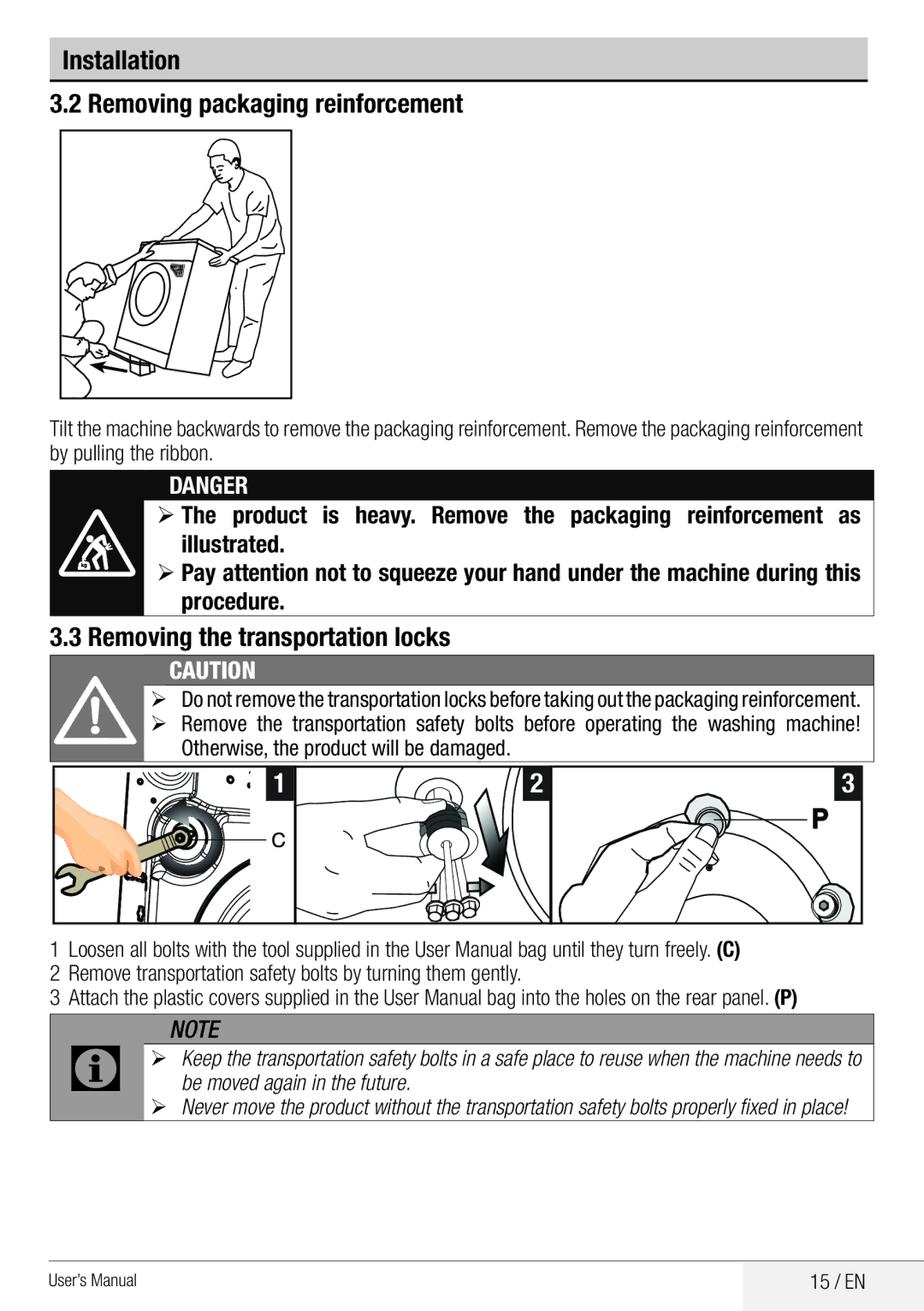 Beko WDA 8514 H user manual Installation Removing packaging reinforcement, Removing the transportation locks 