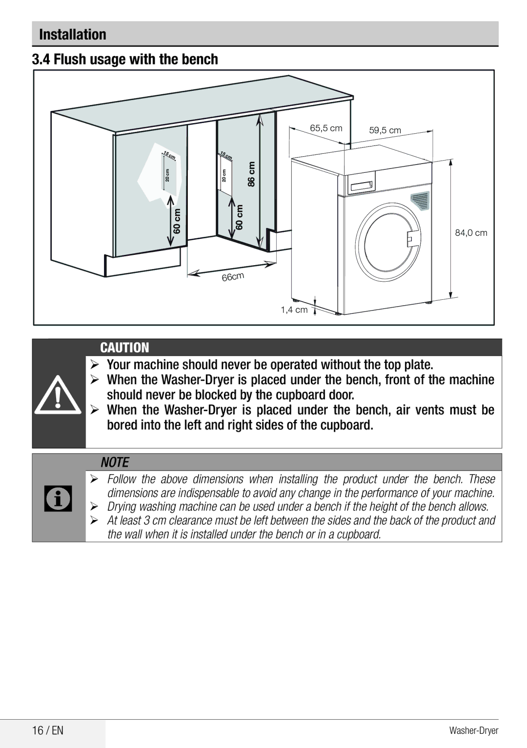 Beko WDA 8514 H Installation Flush usage with the bench, Wall when it is installed under the bench or in a cupboard 