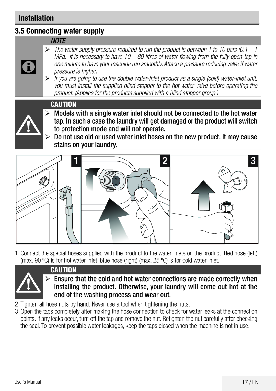 Beko WDA 8514 H user manual Installation Connecting water supply, Pressure is higher, 17 / EN 