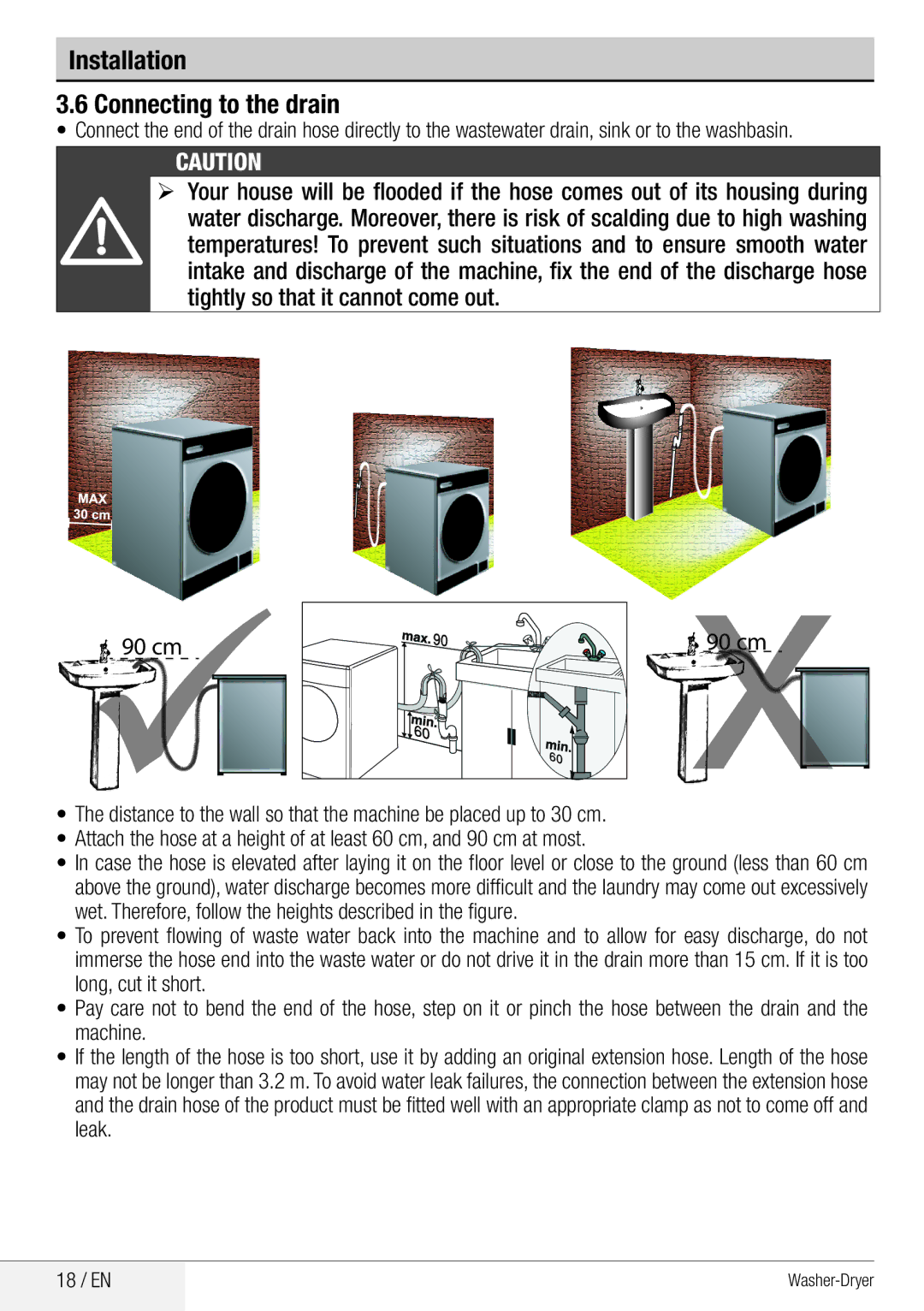 Beko WDA 8514 H user manual Installation Connecting to the drain, Tightly so that it cannot come out 90 cm 