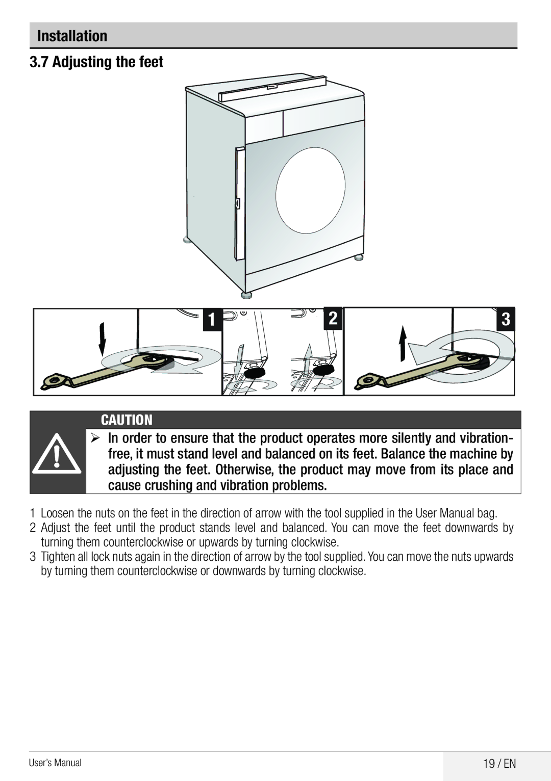 Beko WDA 8514 H user manual Installation Adjusting the feet, 19 / EN 