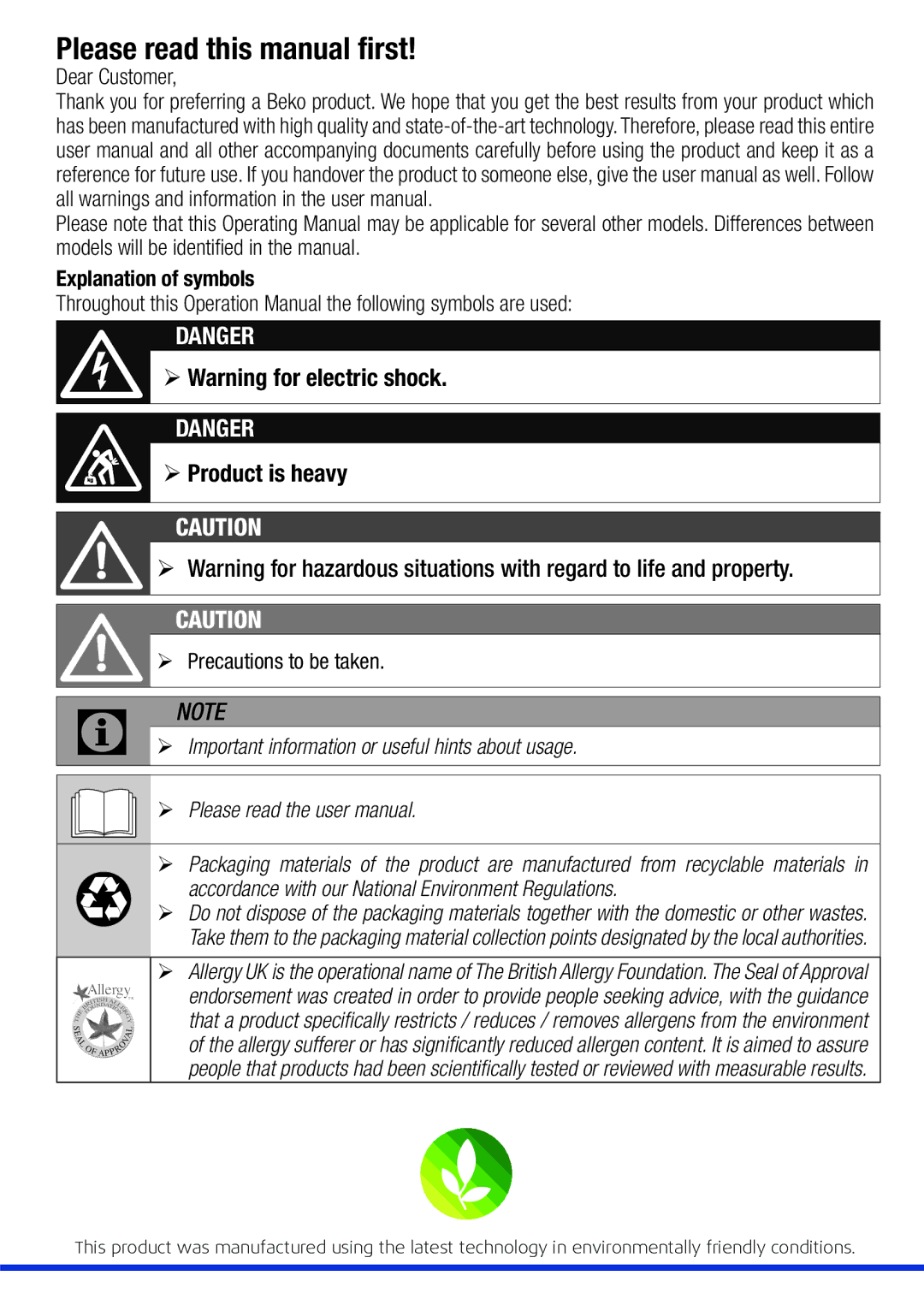 Beko WDA 8514 H user manual Please read this manual first, ¾¾Warning for electric shock 