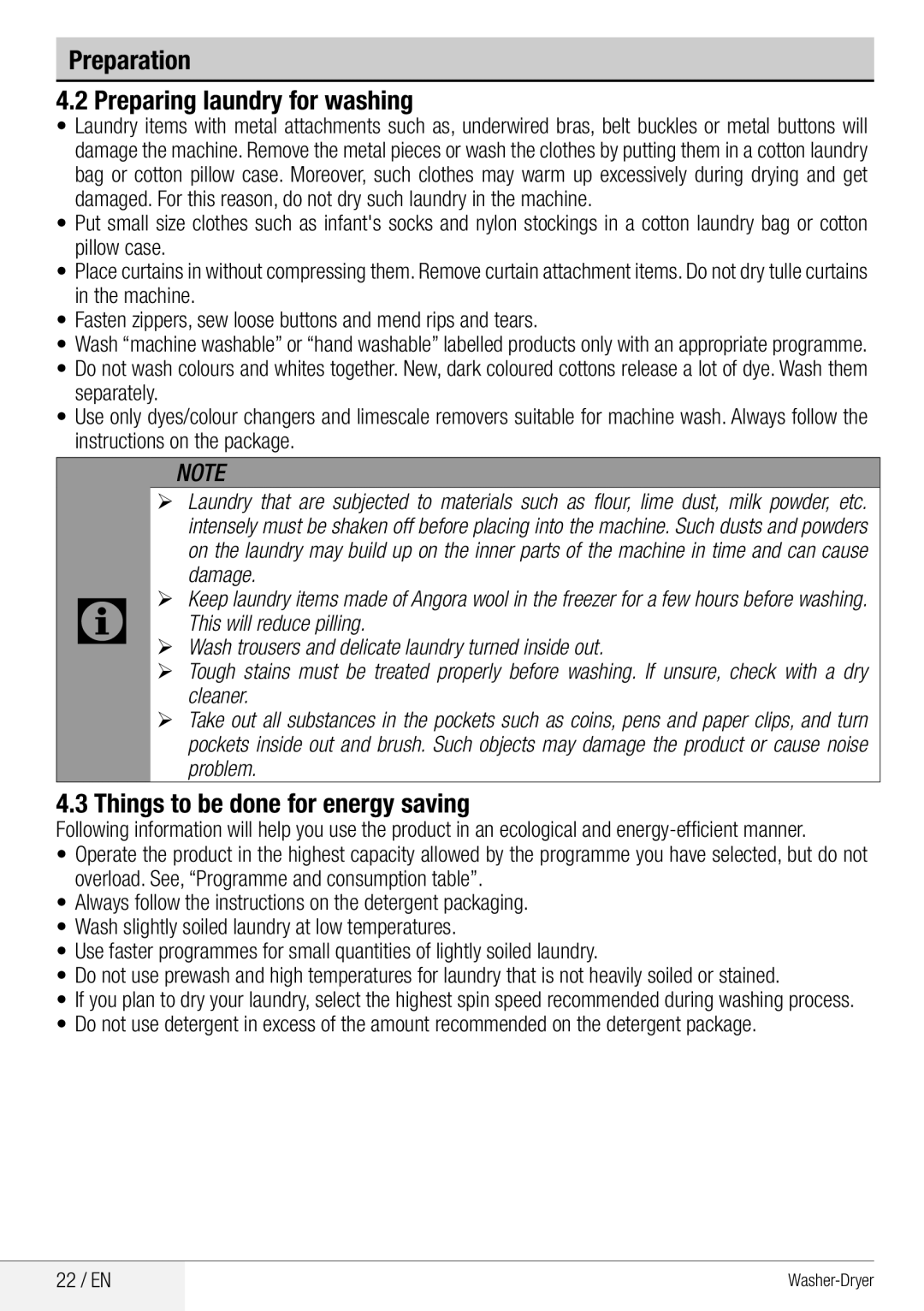 Beko WDA 8514 H user manual Preparation Preparing laundry for washing, Things to be done for energy saving 