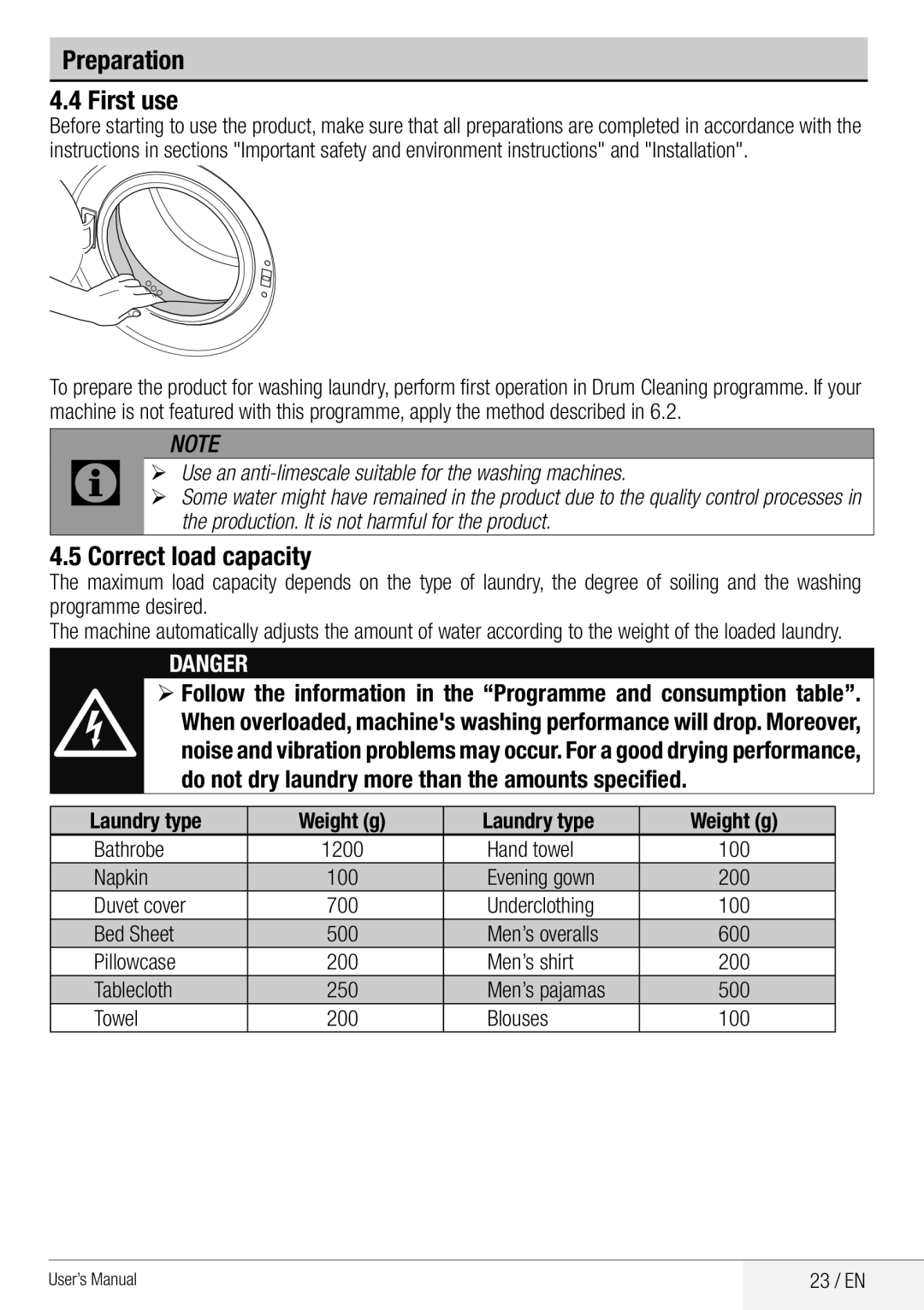 Beko WDA 8514 H Preparation First use, Correct load capacity, Use an anti-limescale suitable for the washing machines 