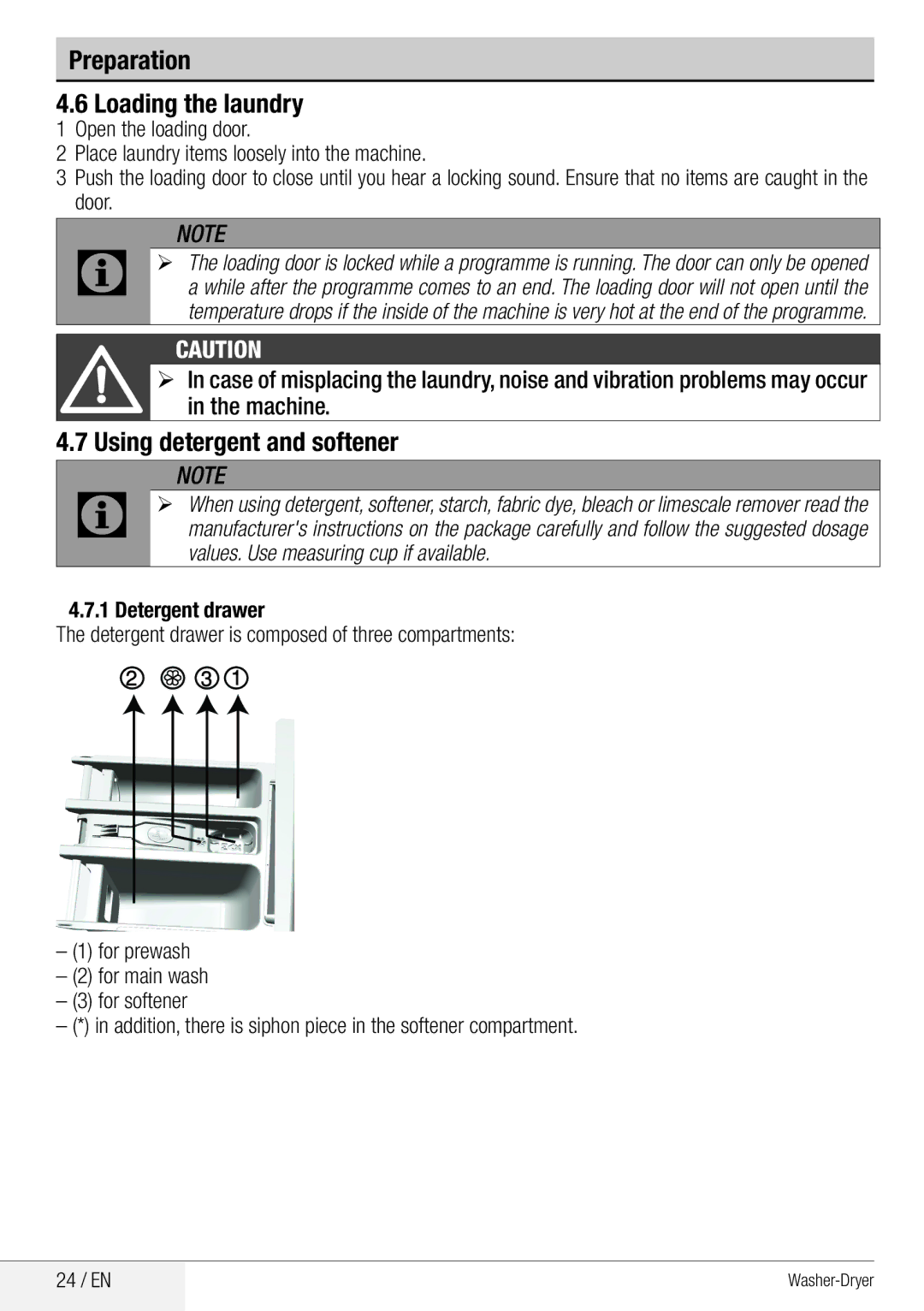 Beko WDA 8514 H user manual Preparation Loading the laundry, Using detergent and softener 