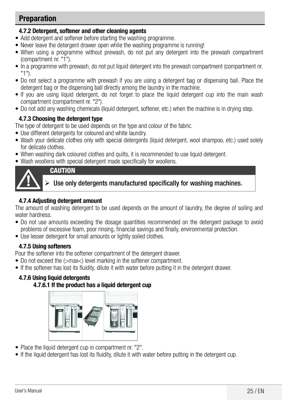 Beko WDA 8514 H user manual Preparation, 25 / EN 