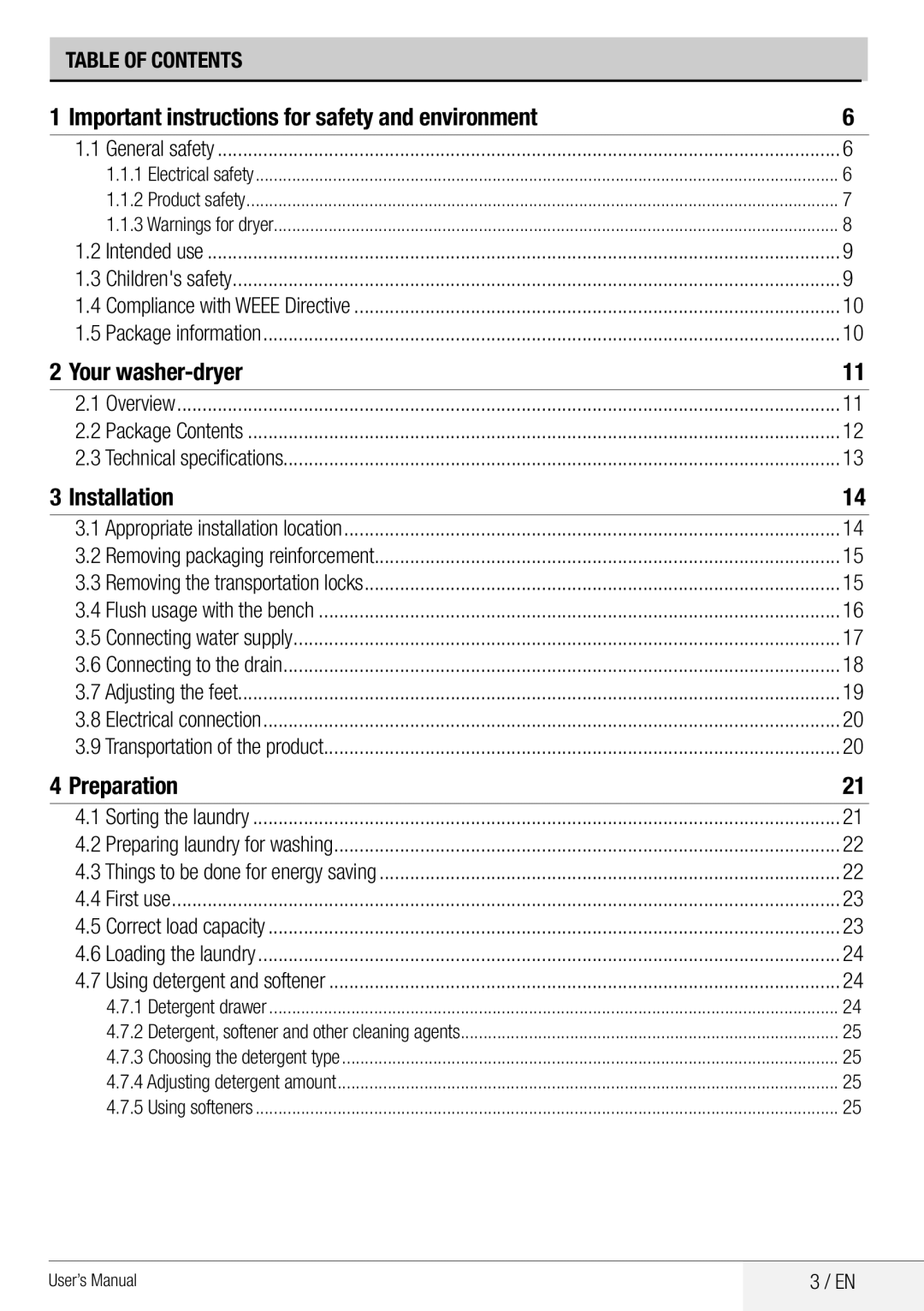 Beko WDA 8514 H user manual Important instructions for safety and environment, Your washer-dryer, Installation, Preparation 