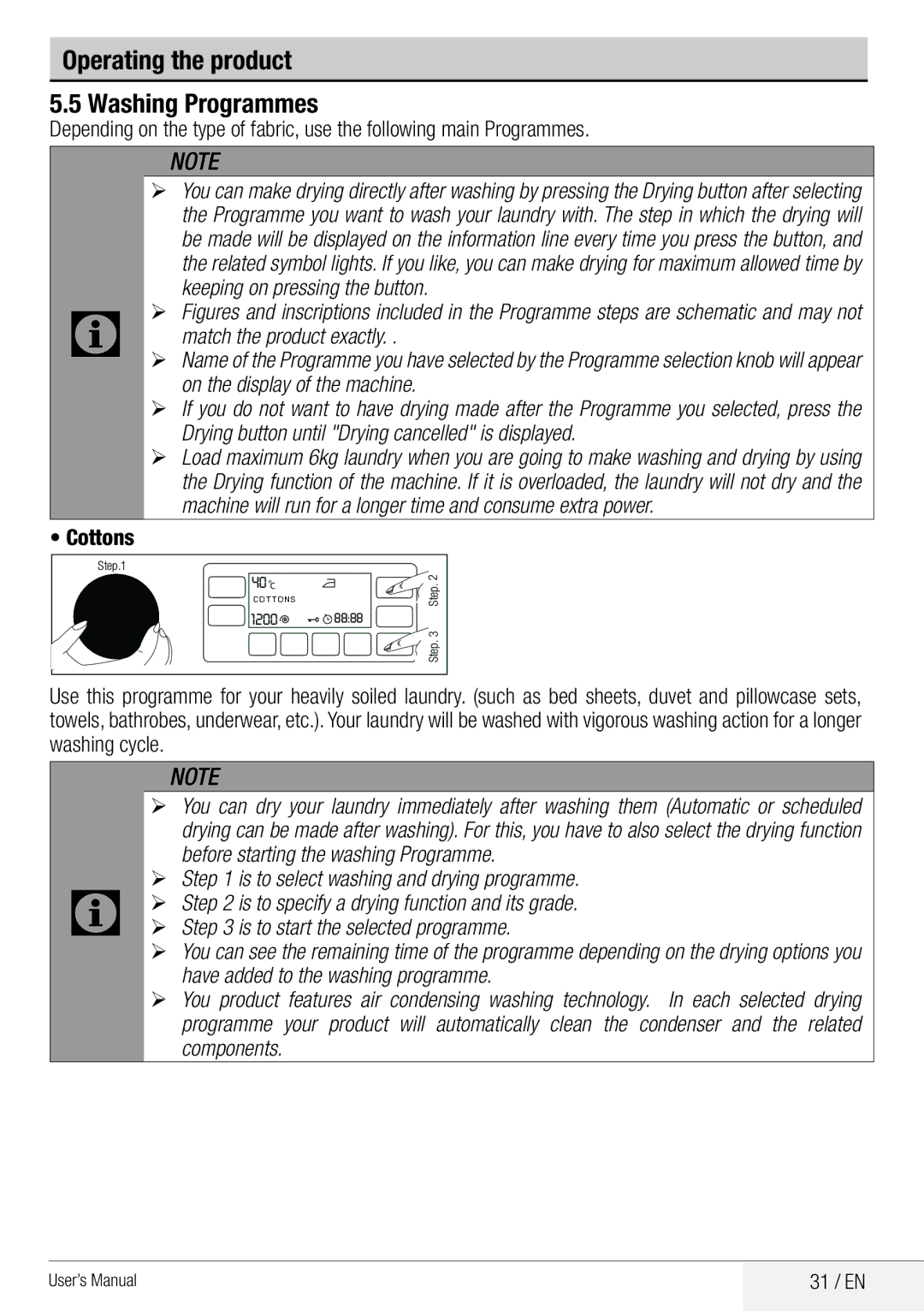 Beko WDA 8514 H user manual Operating the product Washing Programmes 