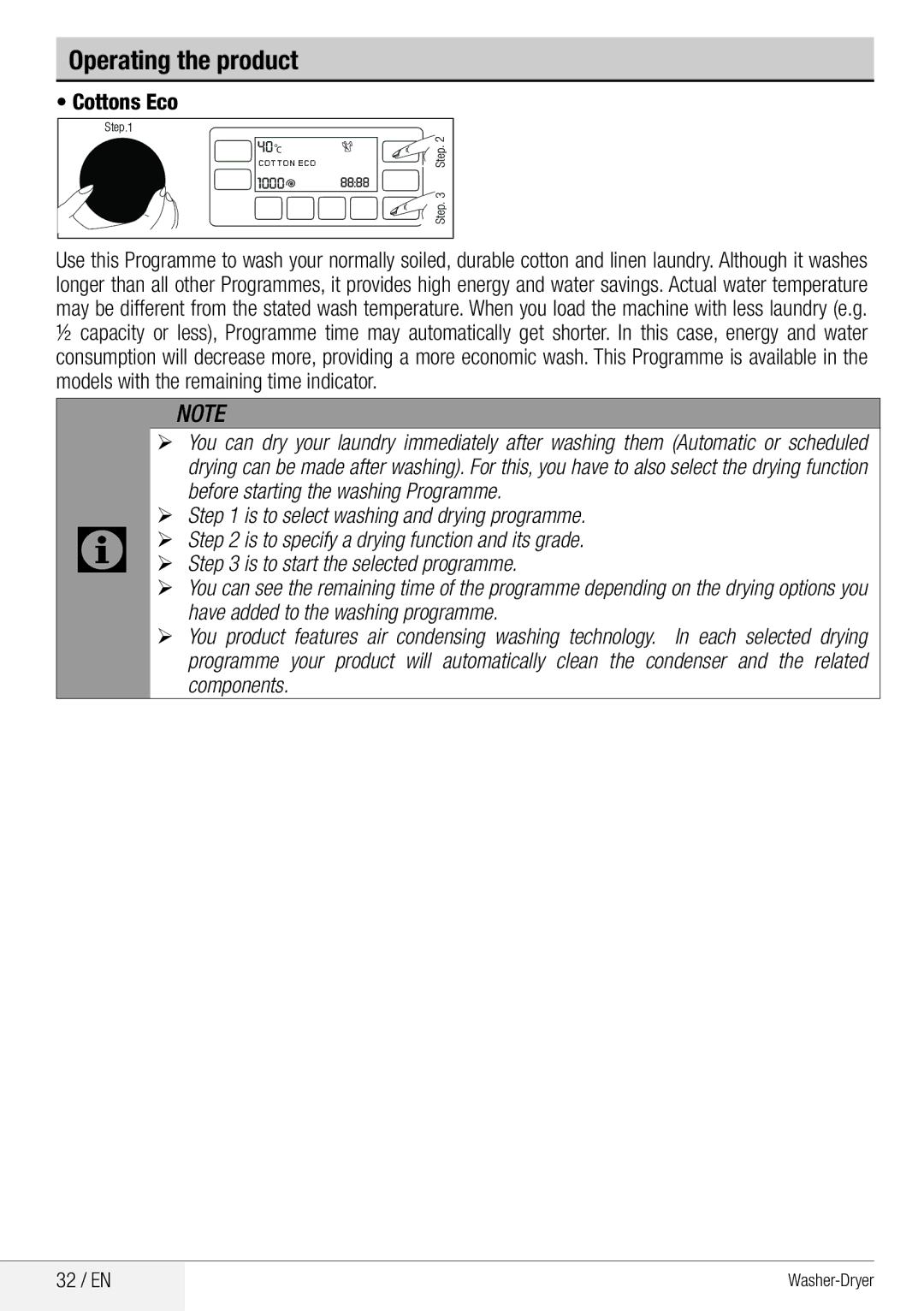 Beko WDA 8514 H user manual Operating the product, Cottons Eco, 32 / EN 