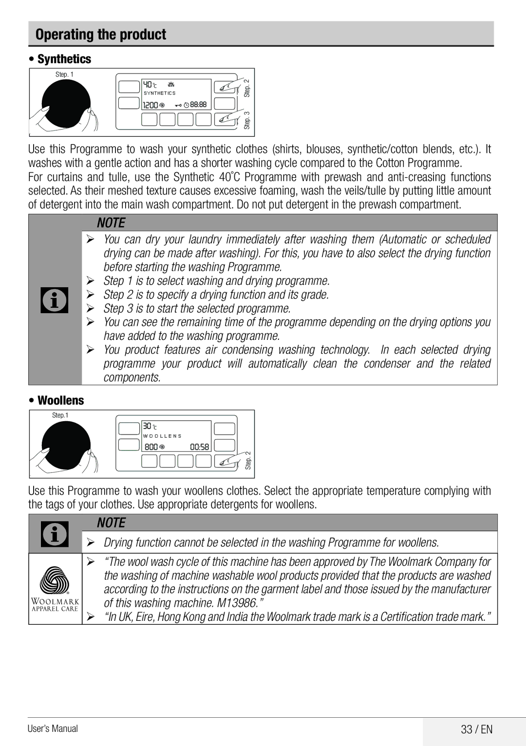 Beko WDA 8514 H user manual Synthetics, Woollens, 33 / EN 